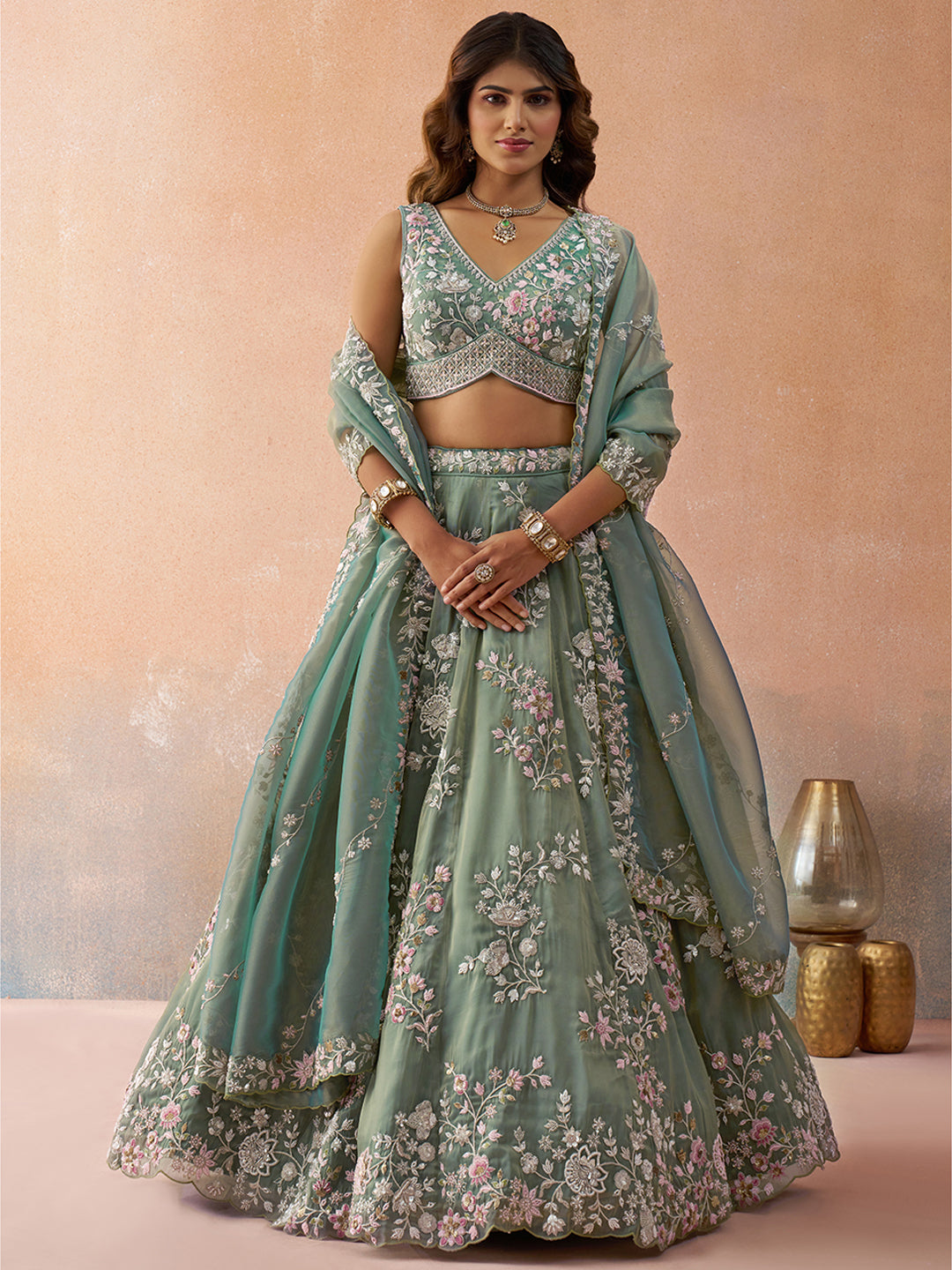 Seagreen Color Tissue Beads & Sequins Embroidered Lehenga set