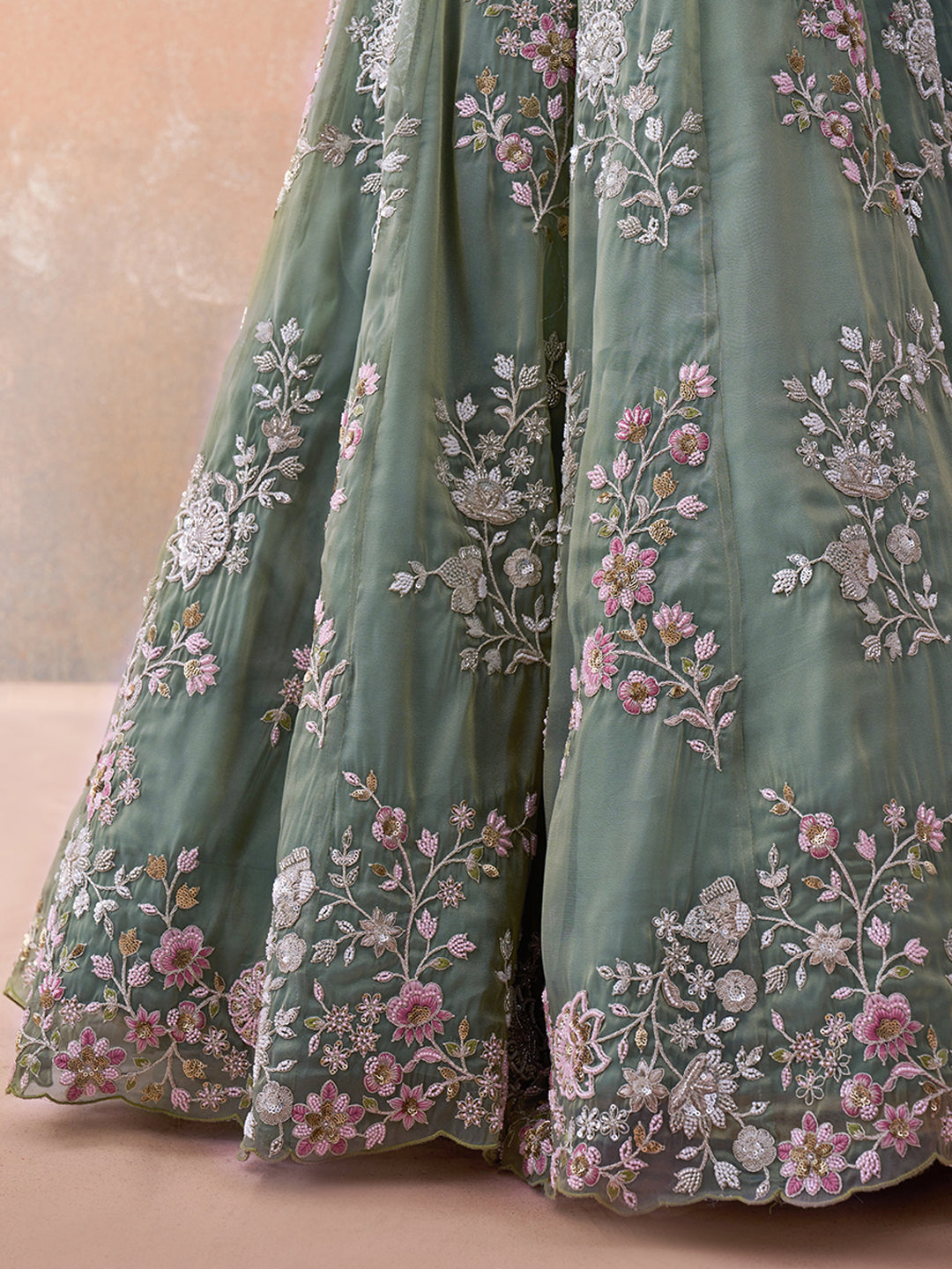 Seagreen Color Tissue Beads & Sequins Embroidered Lehenga set