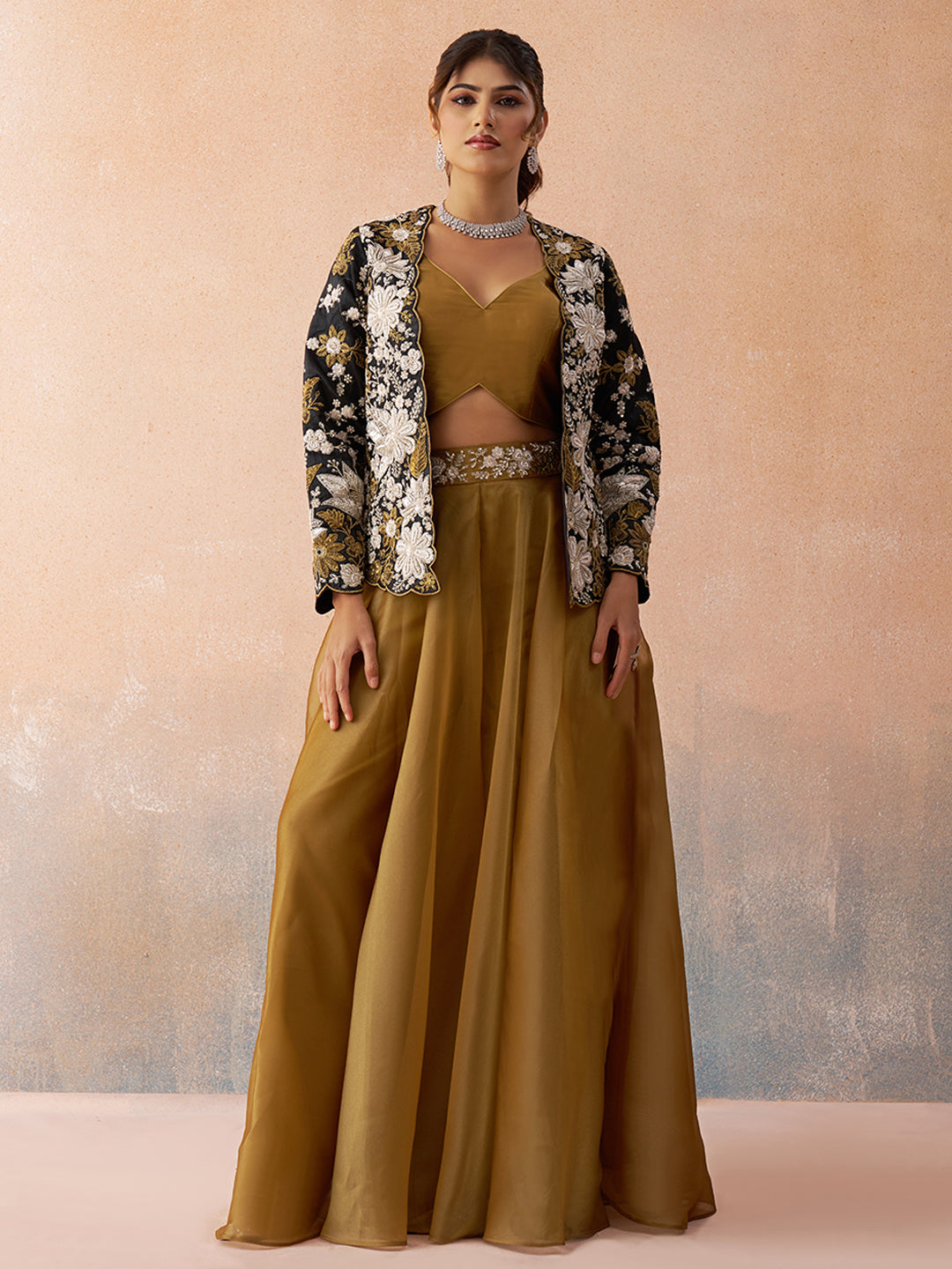 Golden Mustard & Black Tissue Floral Embroidered Crop Top with Jacket & Palazzo Set