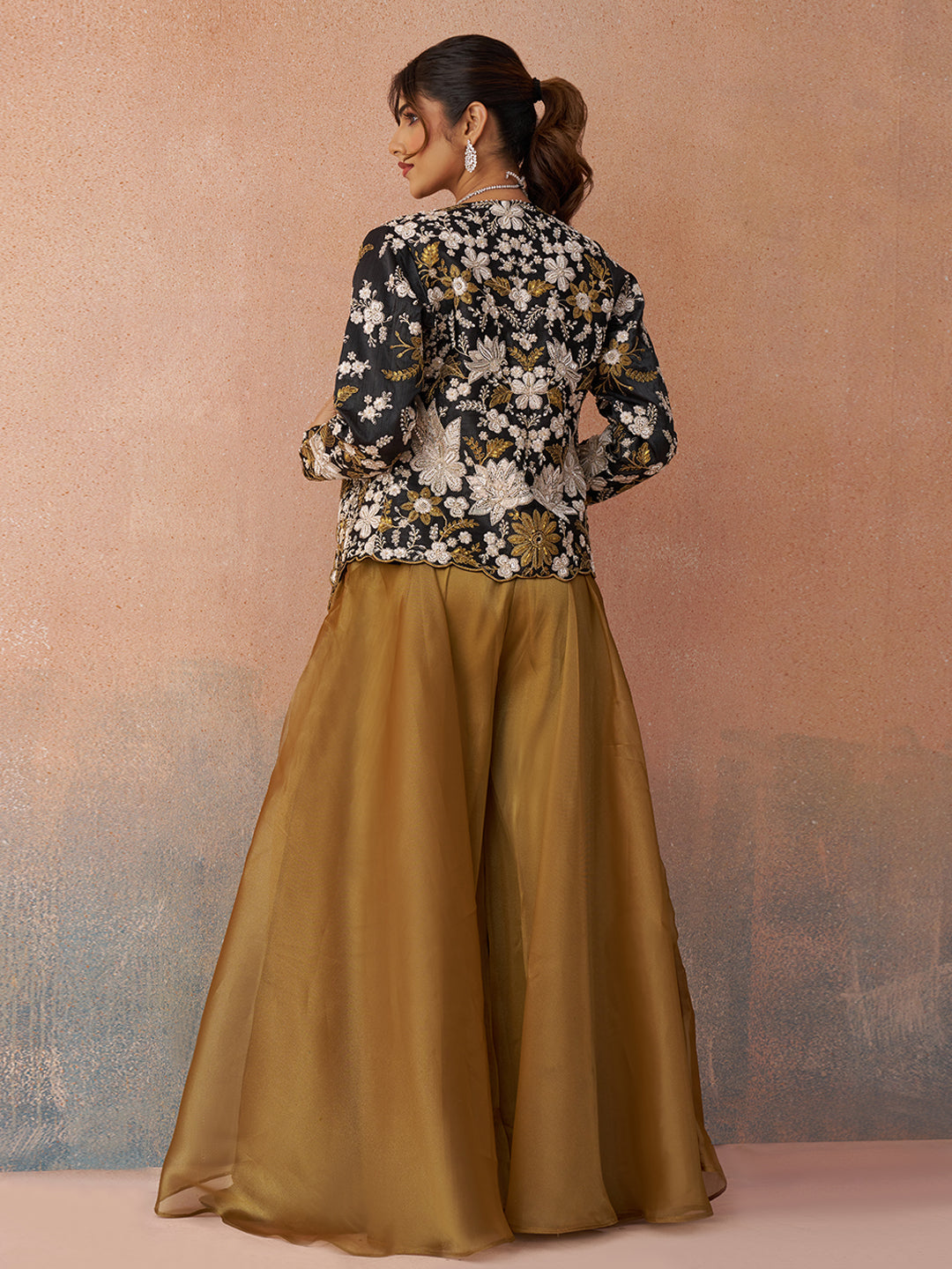 Golden Mustard & Black Tissue Floral Embroidered Crop Top with Jacket & Palazzo Set
