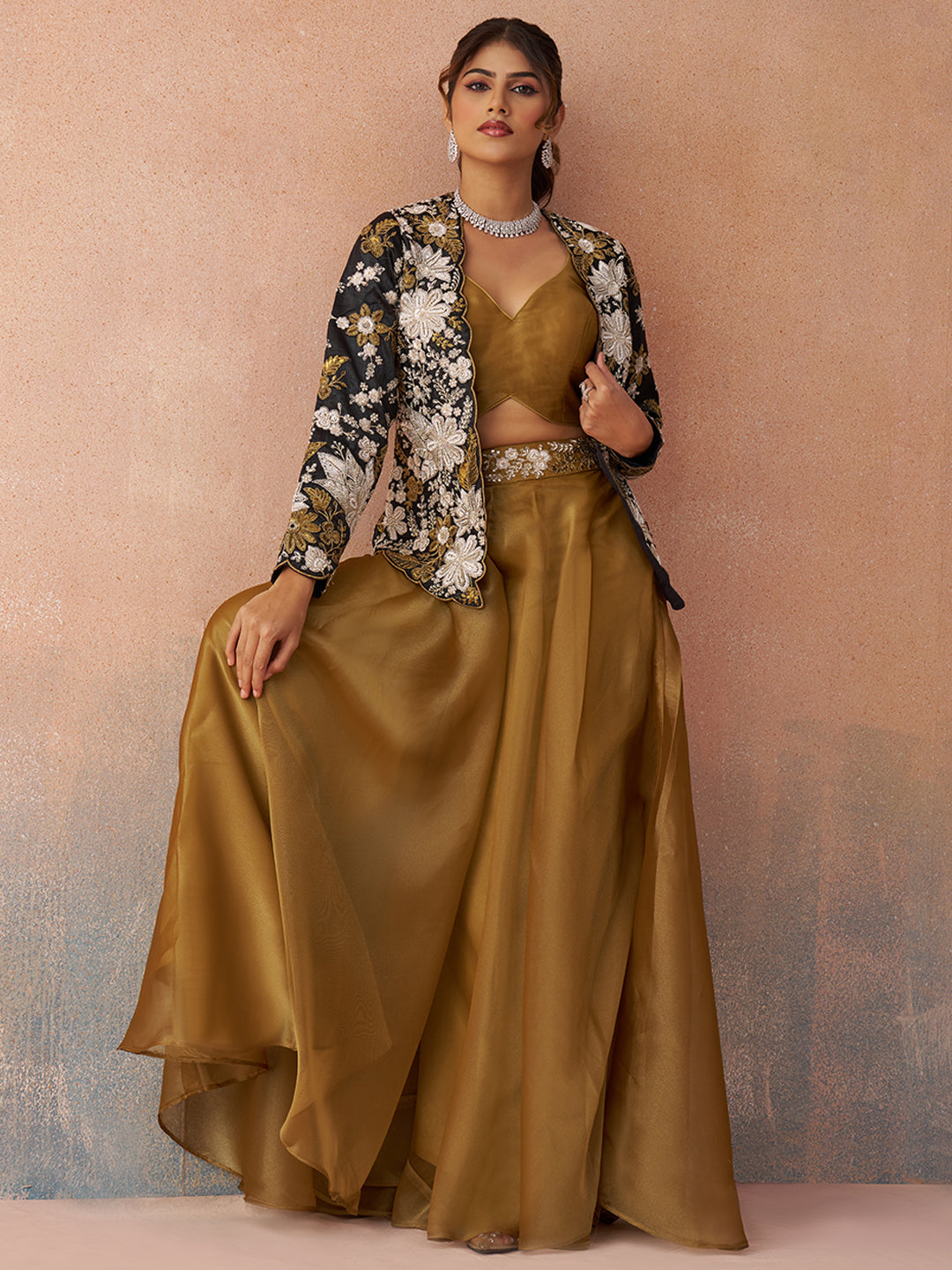 Golden Mustard & Black Tissue Floral Embroidered Crop Top with Jacket & Palazzo Set