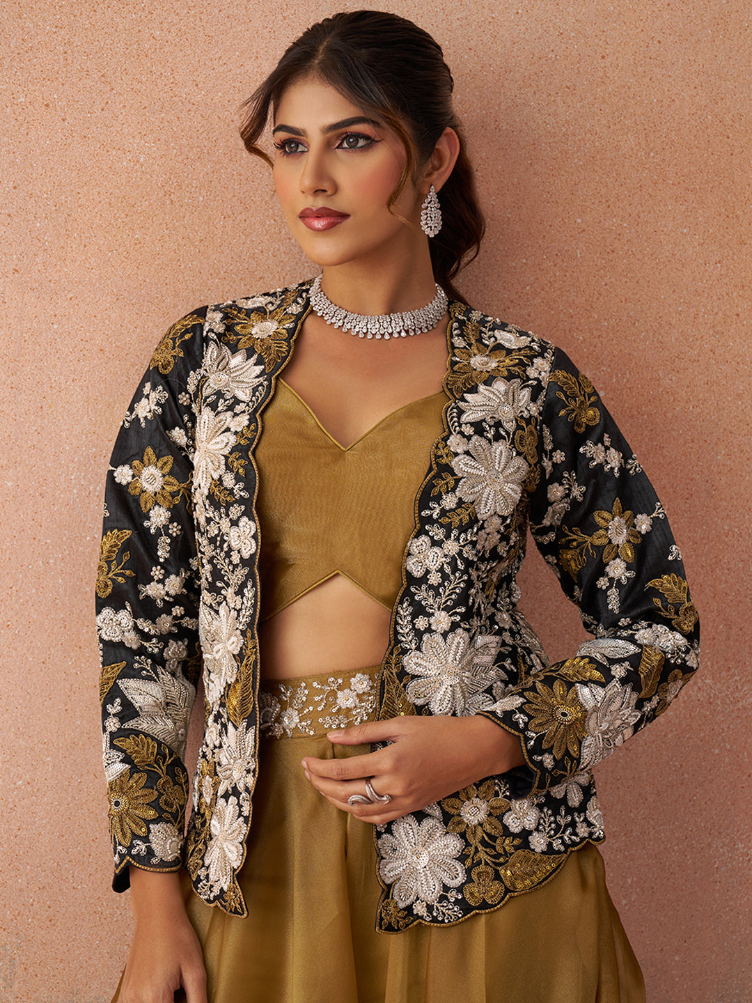Golden Mustard & Black Tissue Floral Embroidered Crop Top with Jacket & Palazzo Set