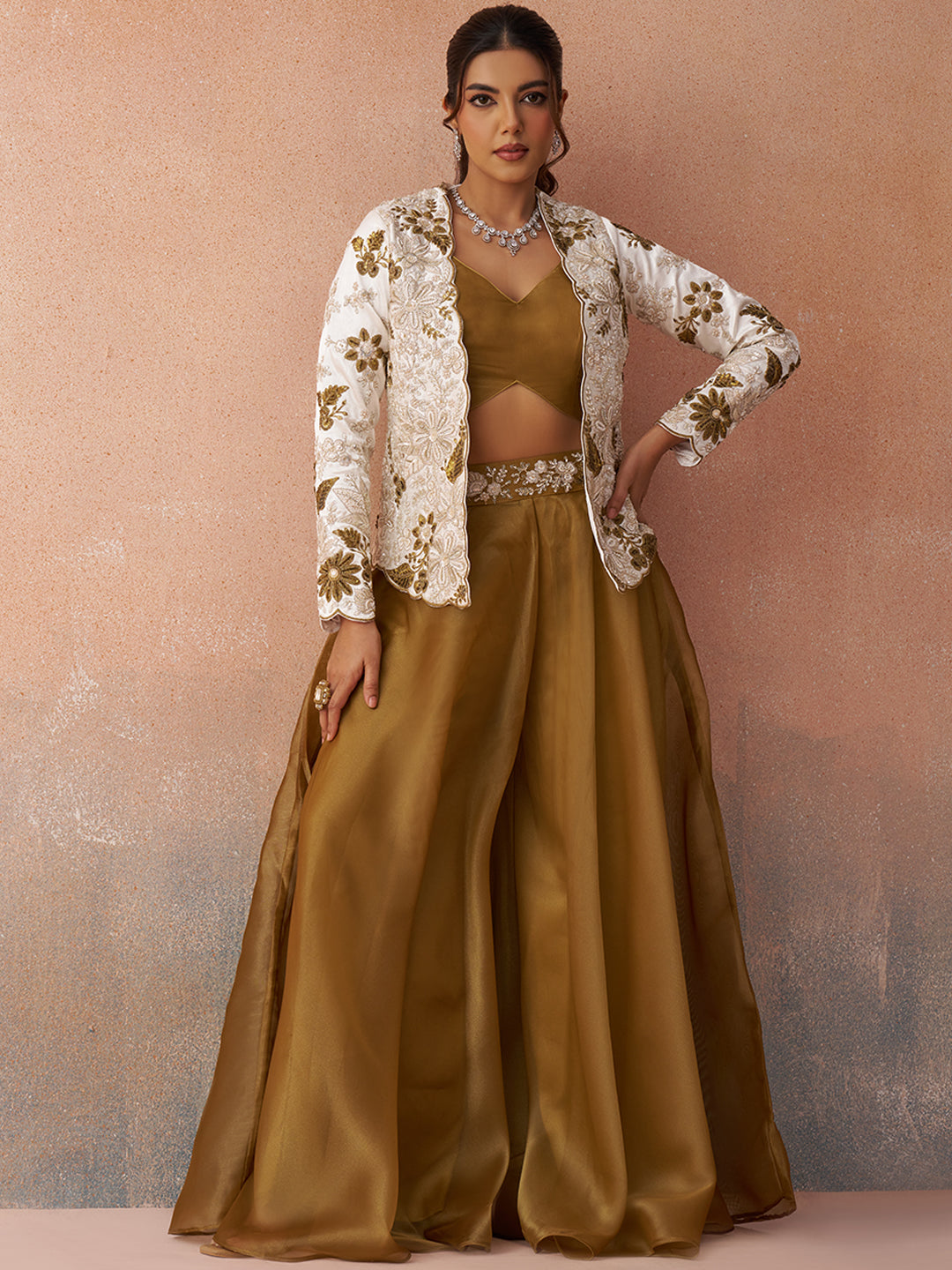 Golden Mustard & White Tissue Floral Embroidered Crop Top with Jacket & Palazzo Set