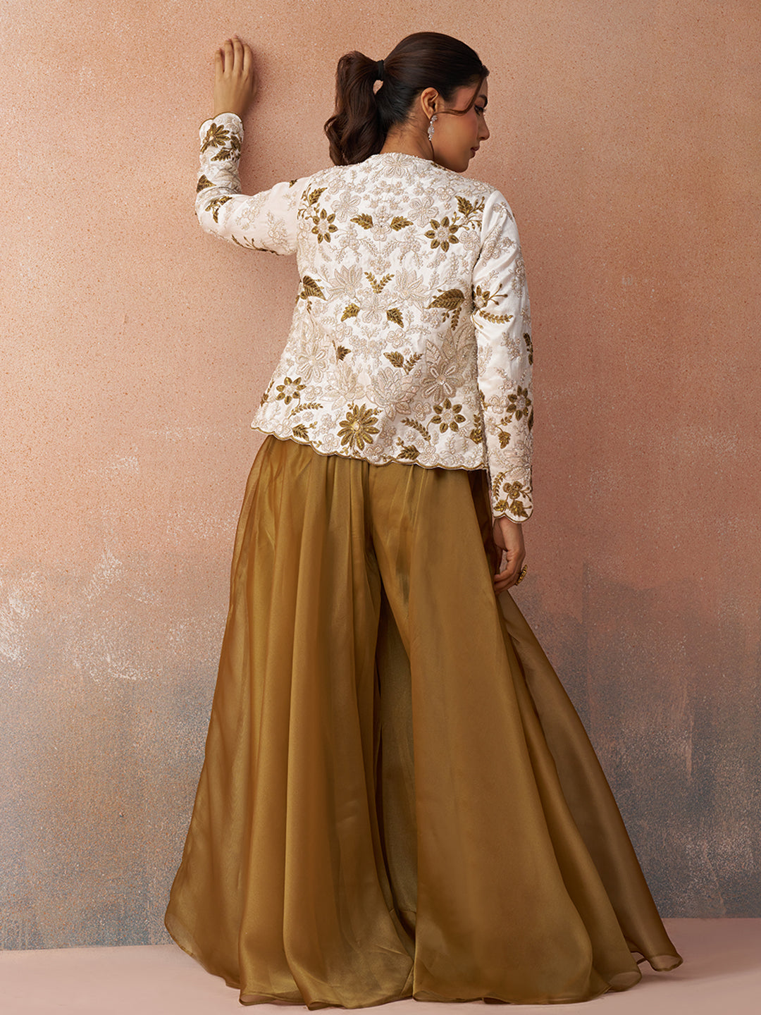 Golden Mustard & White Tissue Floral Embroidered Crop Top with Jacket & Palazzo Set