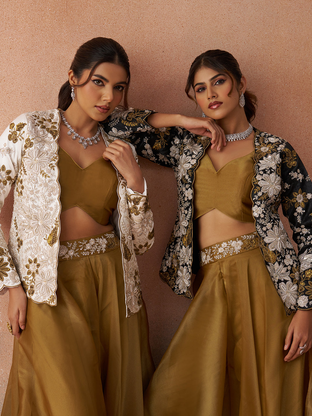 Golden Mustard & White Tissue Floral Embroidered Crop Top with Jacket & Palazzo Set