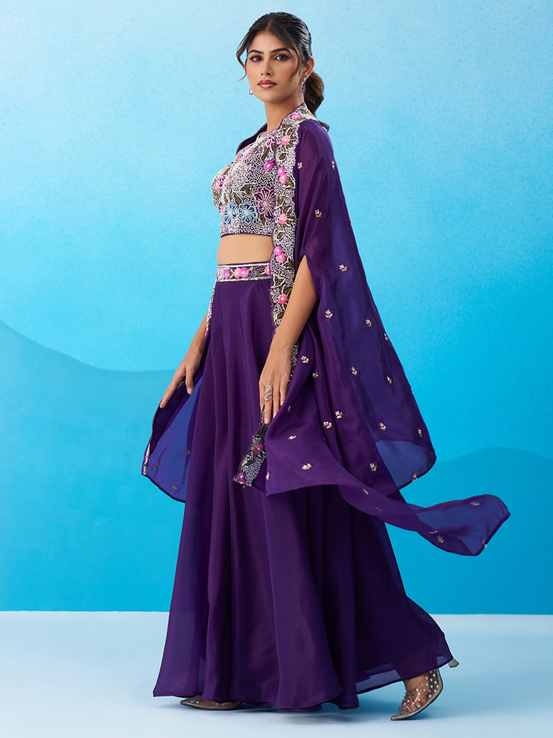 Royal Purple Crepe Beads Embroidered Crop Top with Flared Cape & Flared Palazzo Set