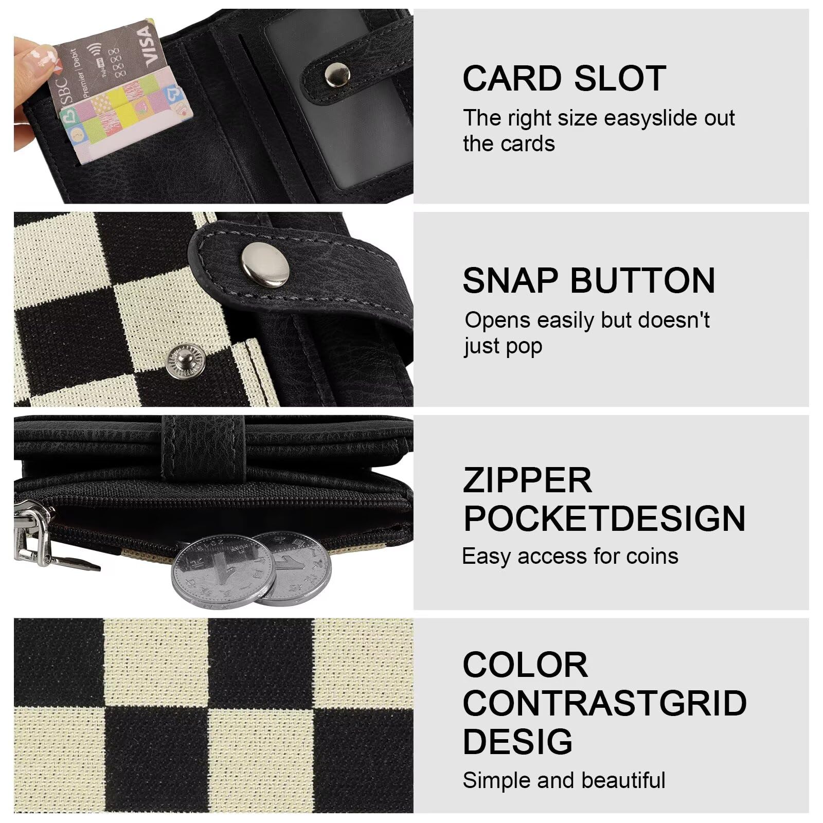 Ounamei RFID Blocking PU Leather Bifold Wallet | Compact Checkered Wallet with 8 Card Slots, ID Window & Coin Pocket