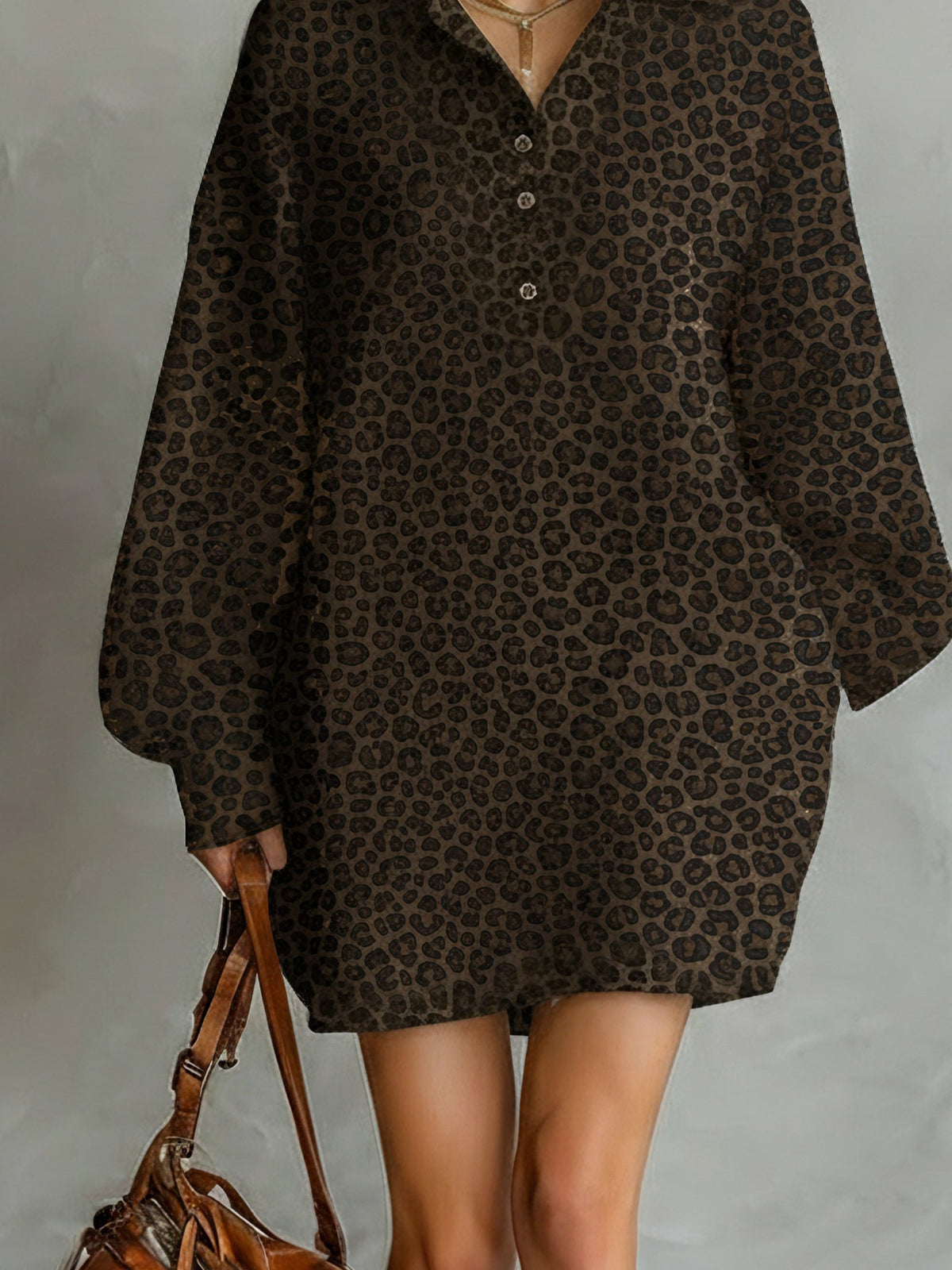 Women's Fashionable Brown Leopard Print Loose Open Neckline Long Sleeve Dress MDA1895L2AN