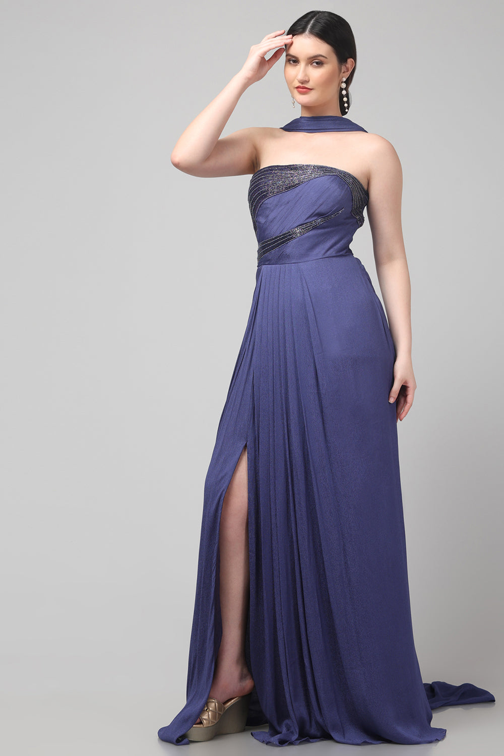 Royal Purple Embellished Strapless Saree Gown with Drape Detail