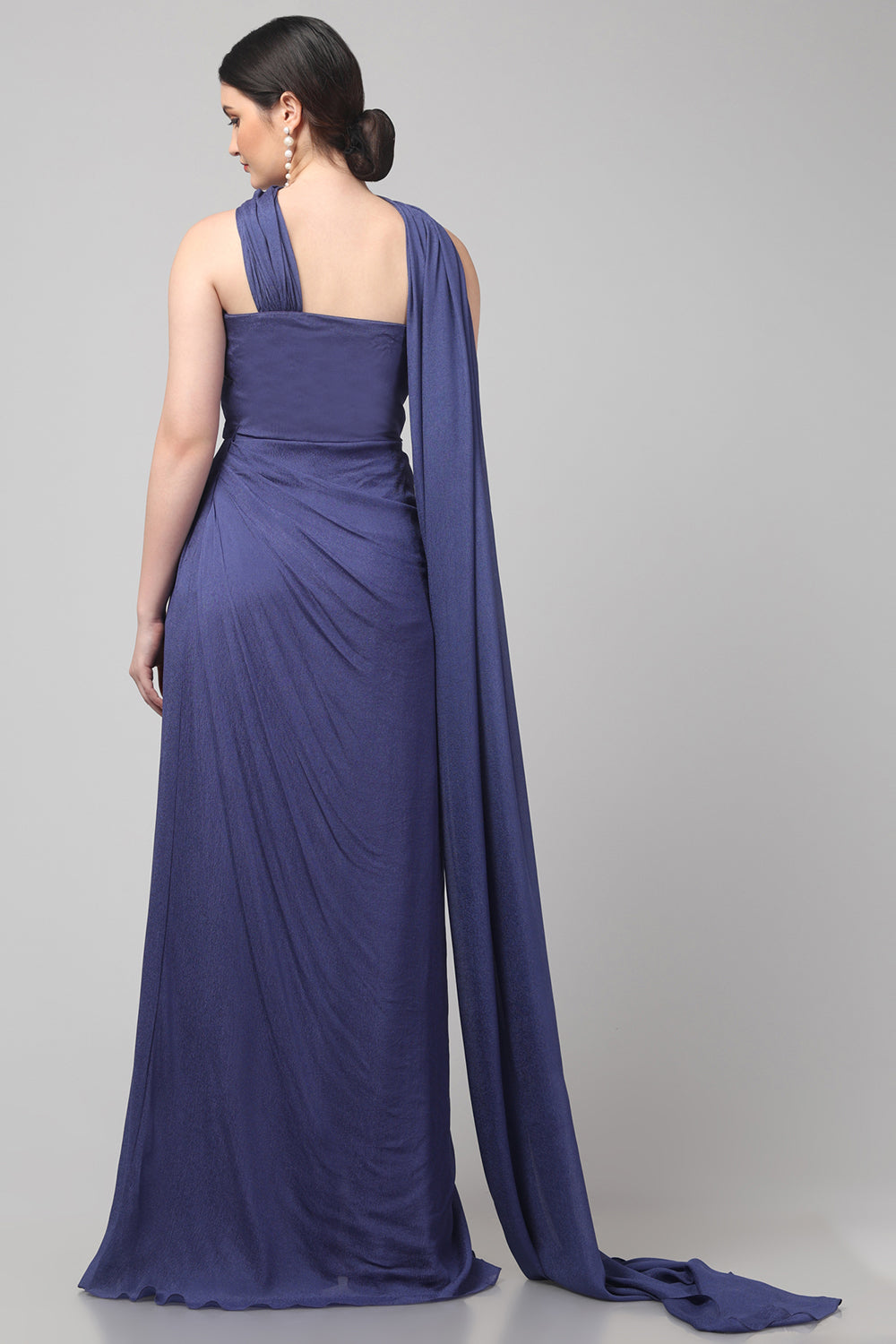 Royal Purple Embellished Strapless Saree Gown with Drape Detail