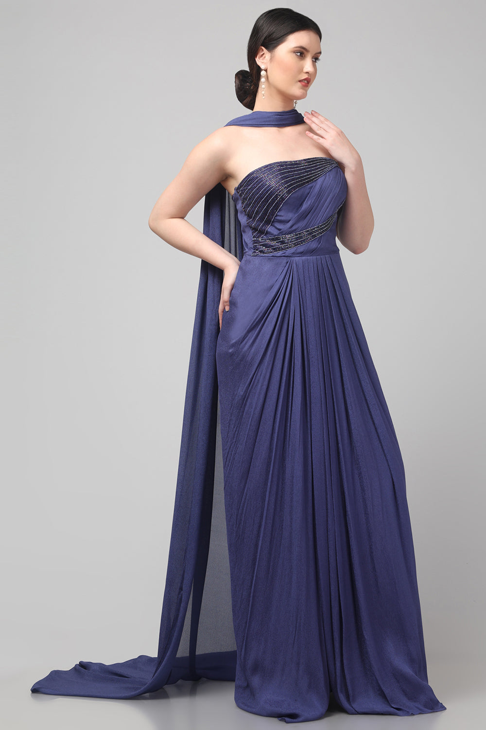 Royal Purple Embellished Strapless Saree Gown with Drape Detail