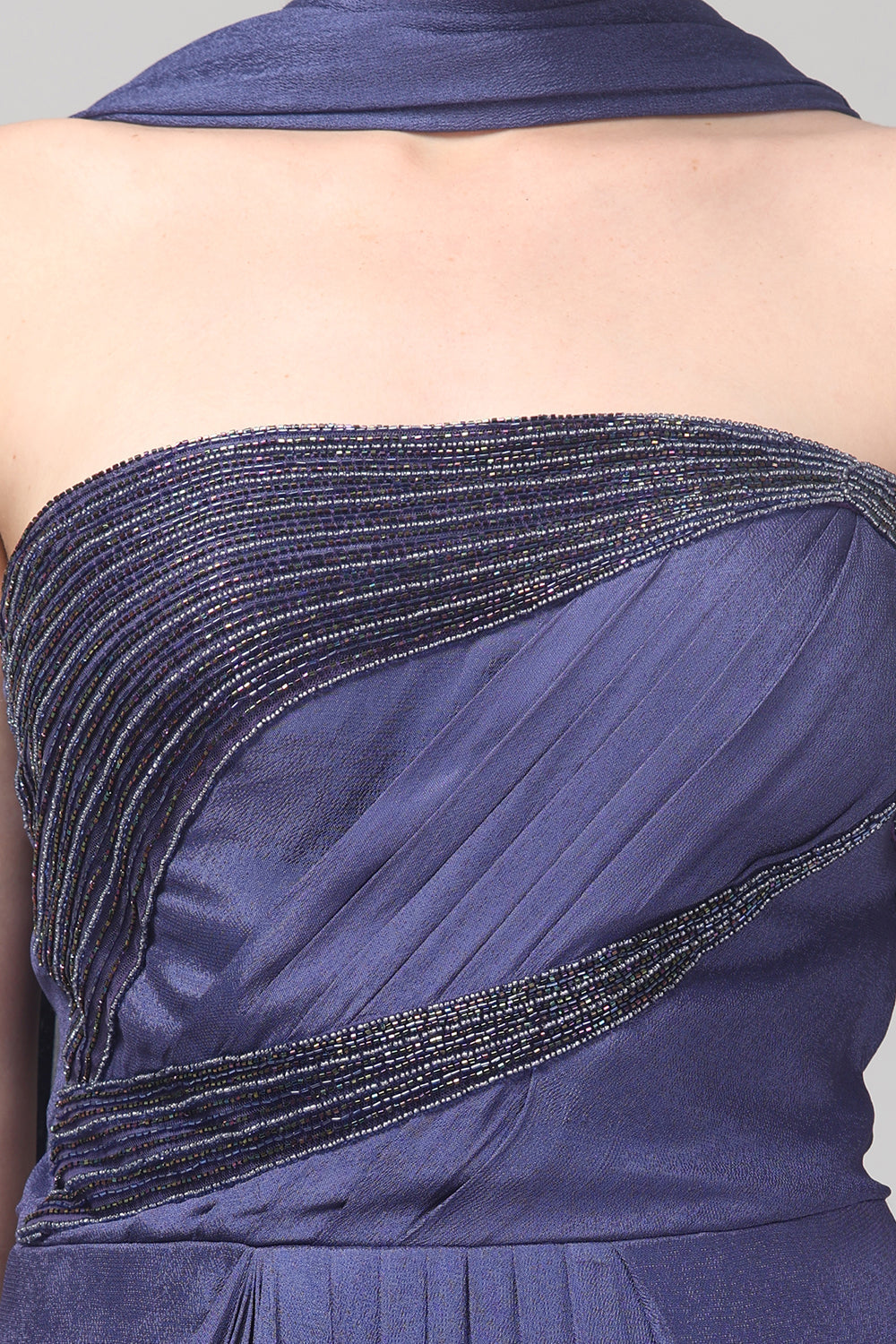 Royal Purple Embellished Strapless Saree Gown with Drape Detail