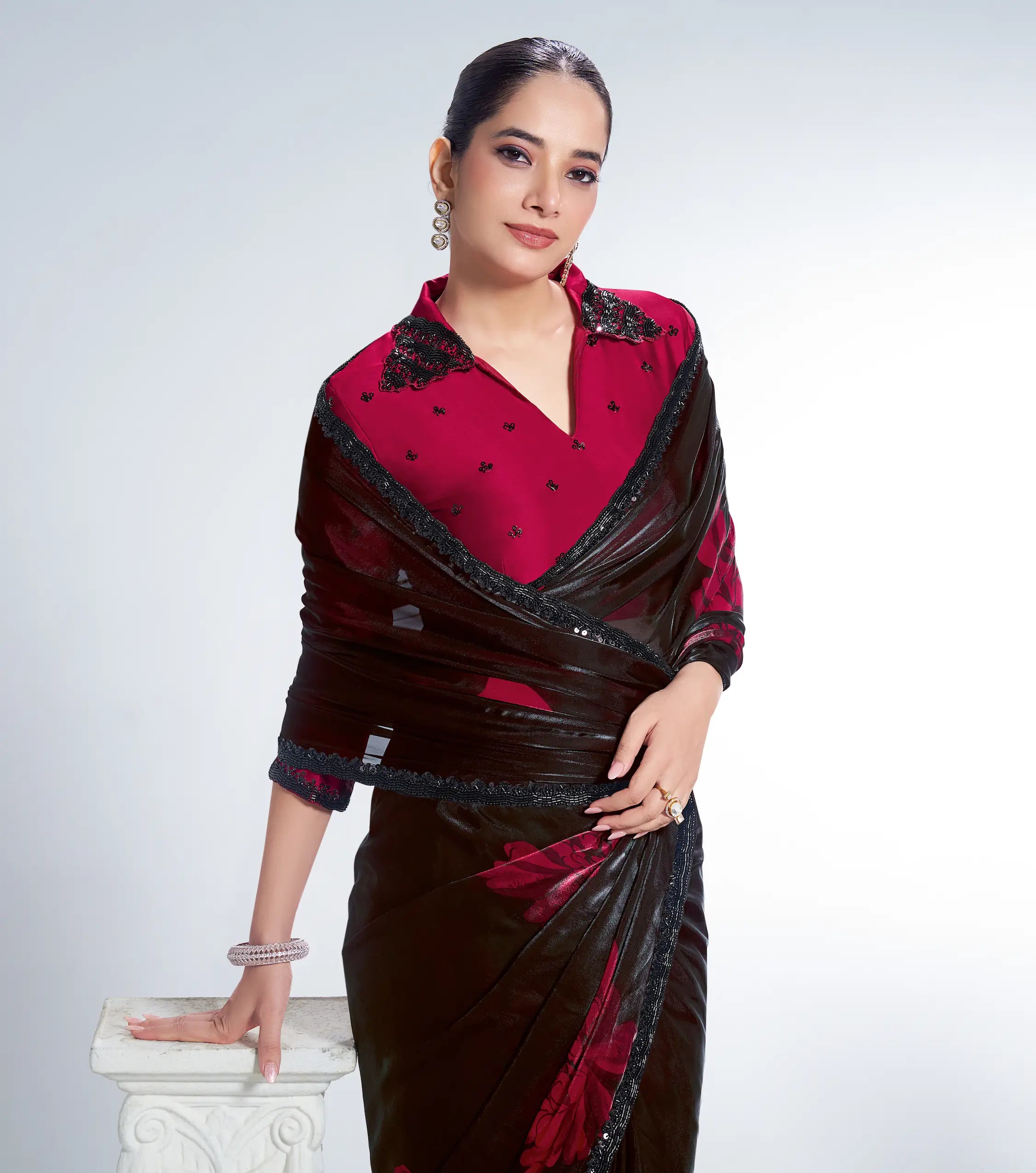 Black Satin Silk Saree With Print & Beads Embroidery - qivii