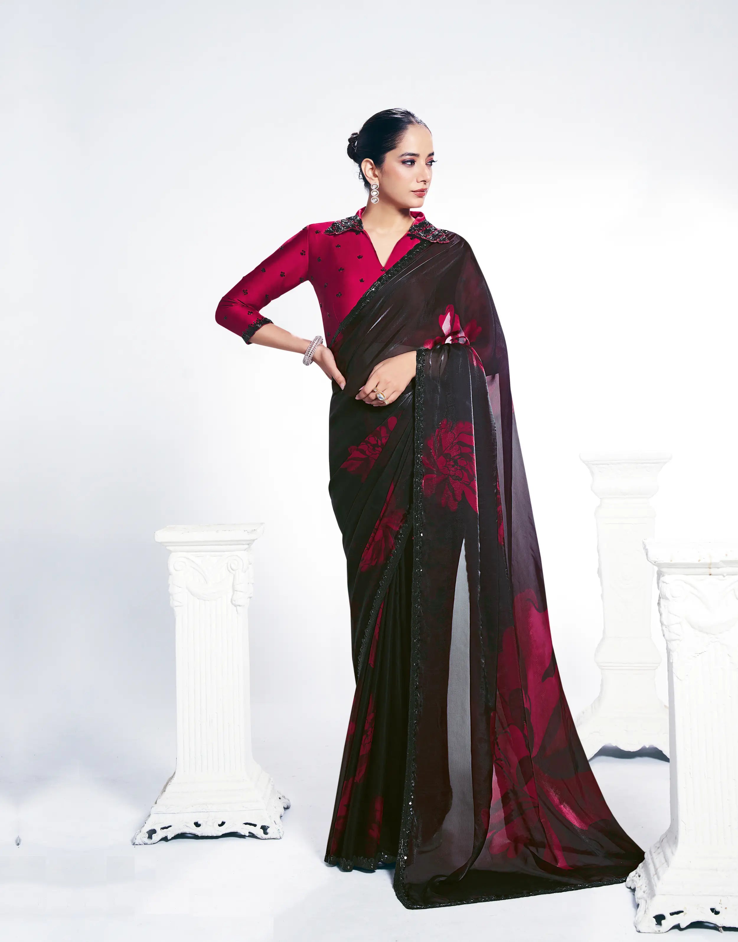 Black Satin Silk Saree With Print & Beads Embroidery - qivii