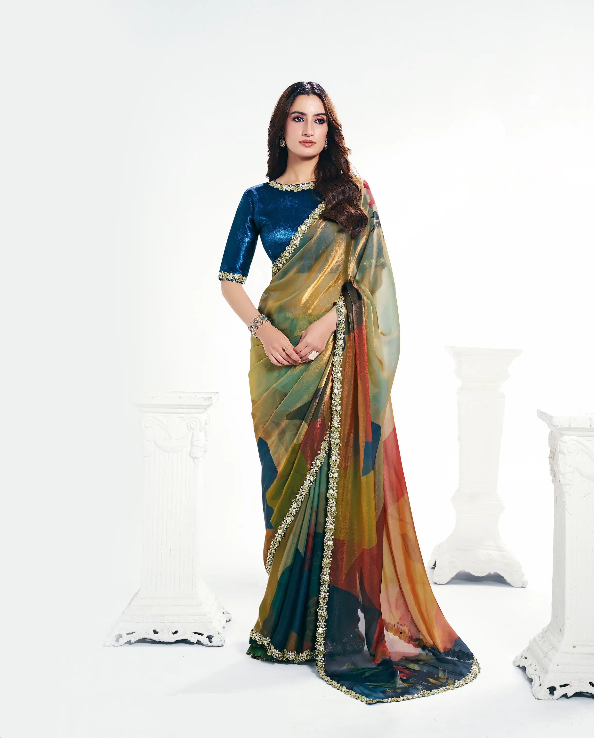 Multicolor Satin Silk Saree With Print & Stone Handwork - qivii