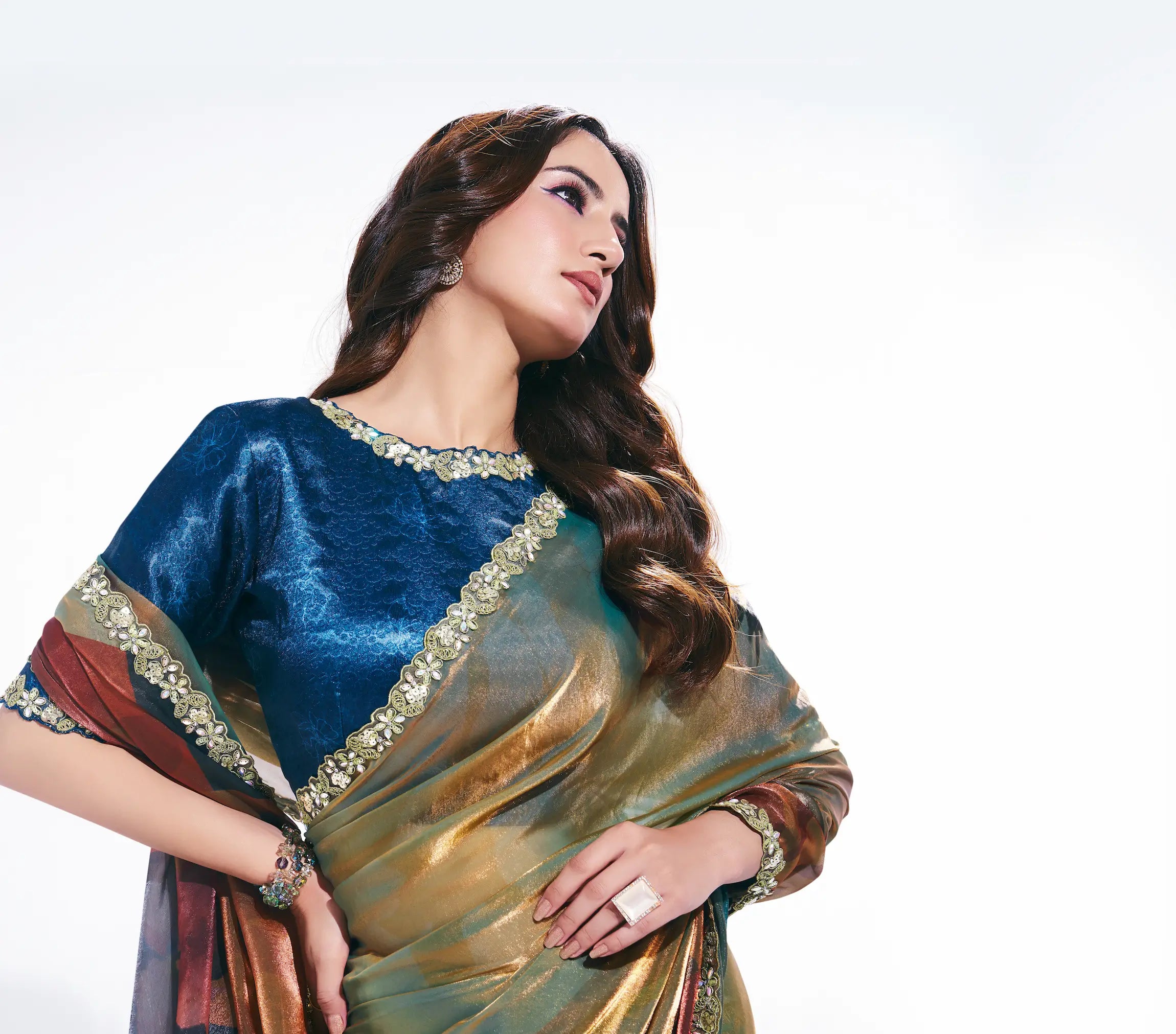 Multicolor Satin Silk Saree With Print & Stone Handwork - qivii