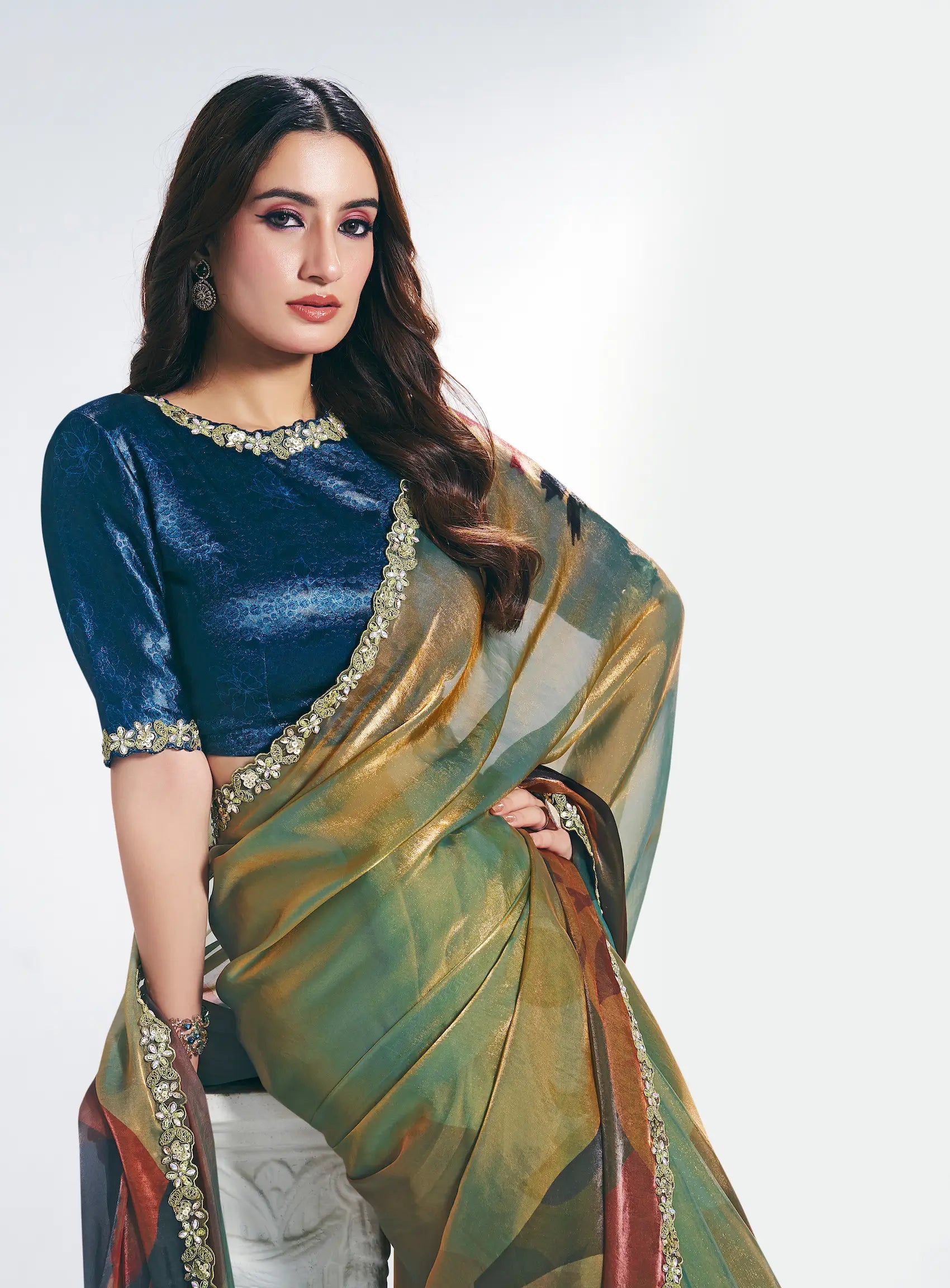 Multicolor Satin Silk Saree With Print & Stone Handwork - qivii