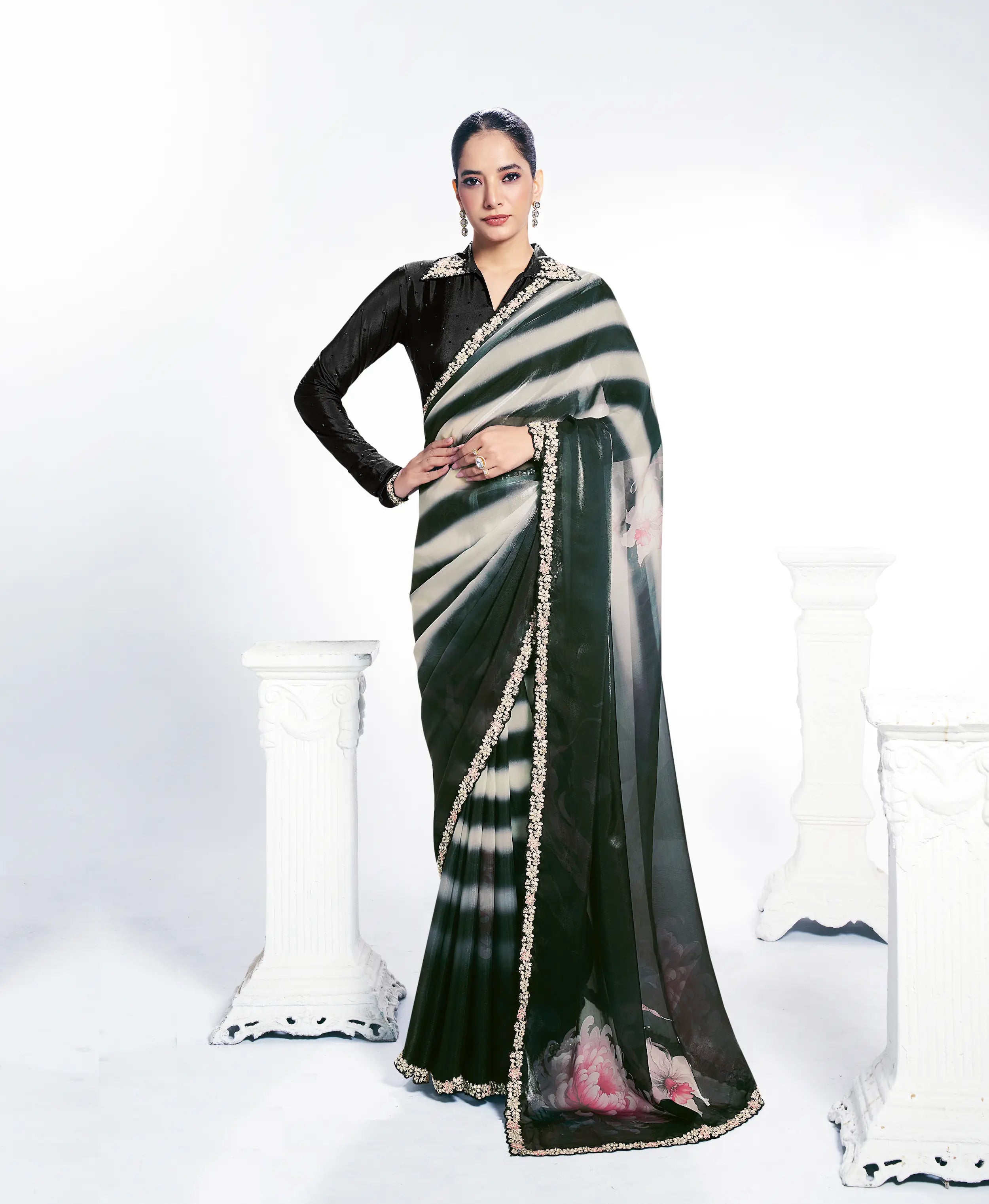 Black Satin Silk Saree With Print & Stone Handwork - qivii