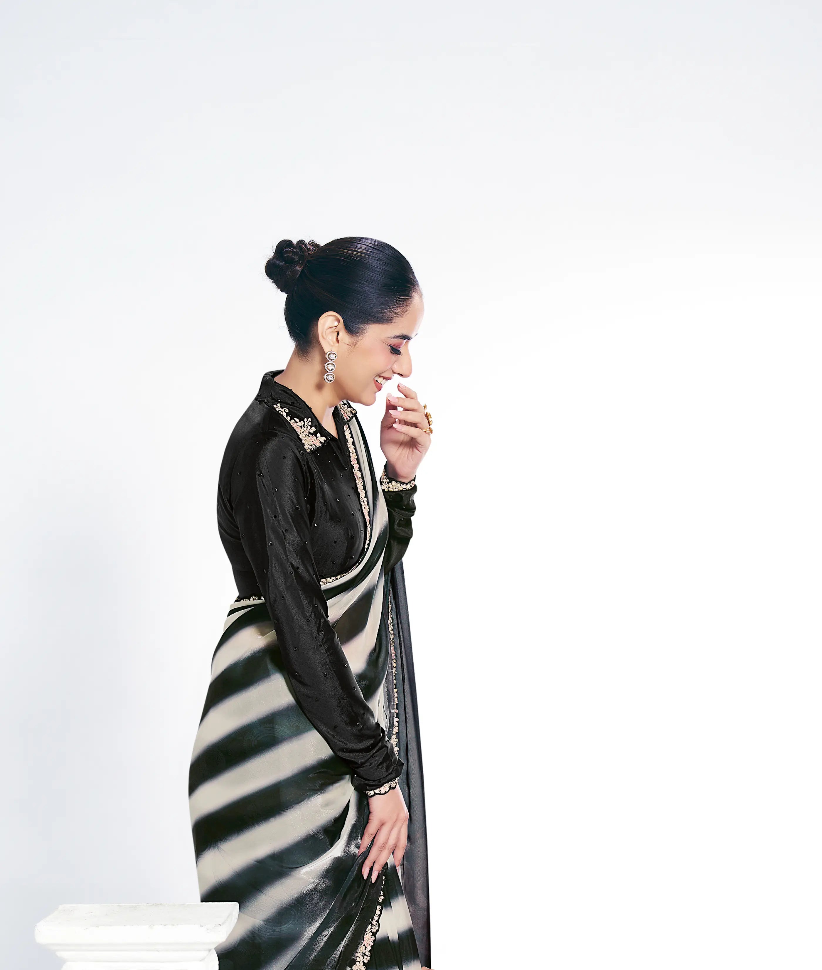 Black Satin Silk Saree With Print & Stone Handwork - qivii