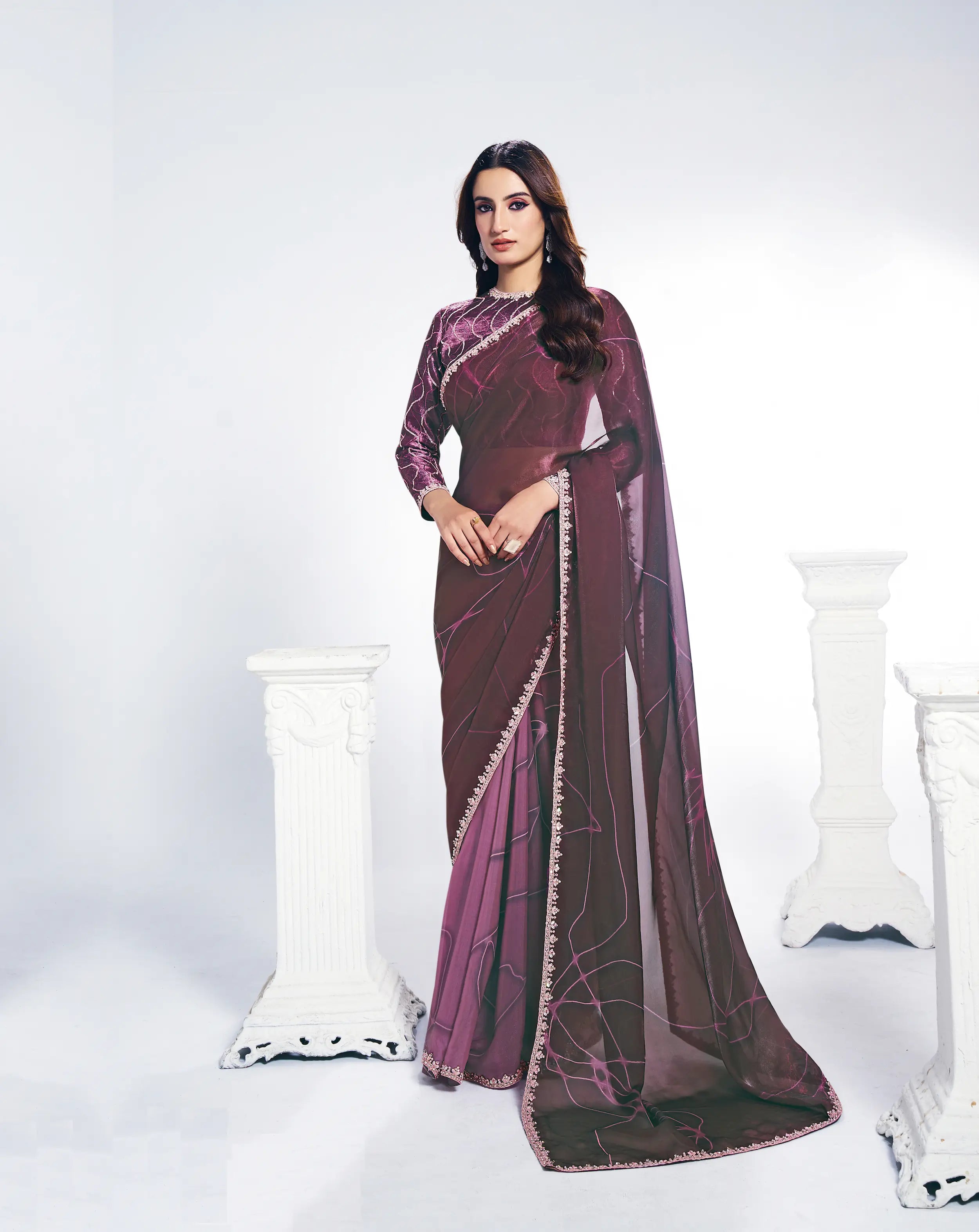 Berry Wine Satin Silk Saree With Print & Stone Handwork - qivii