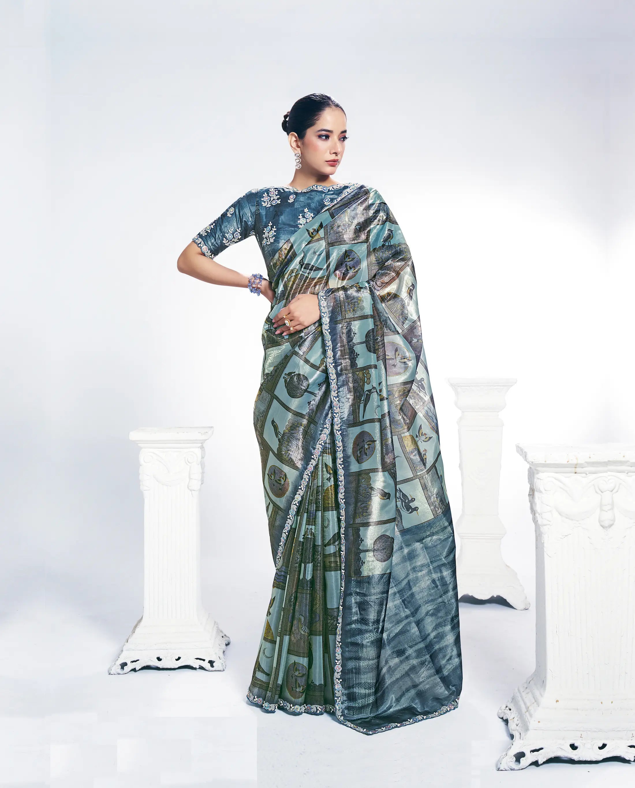 Bluish Grey Paper Silk Saree With Print & Stone Handwork - qivii