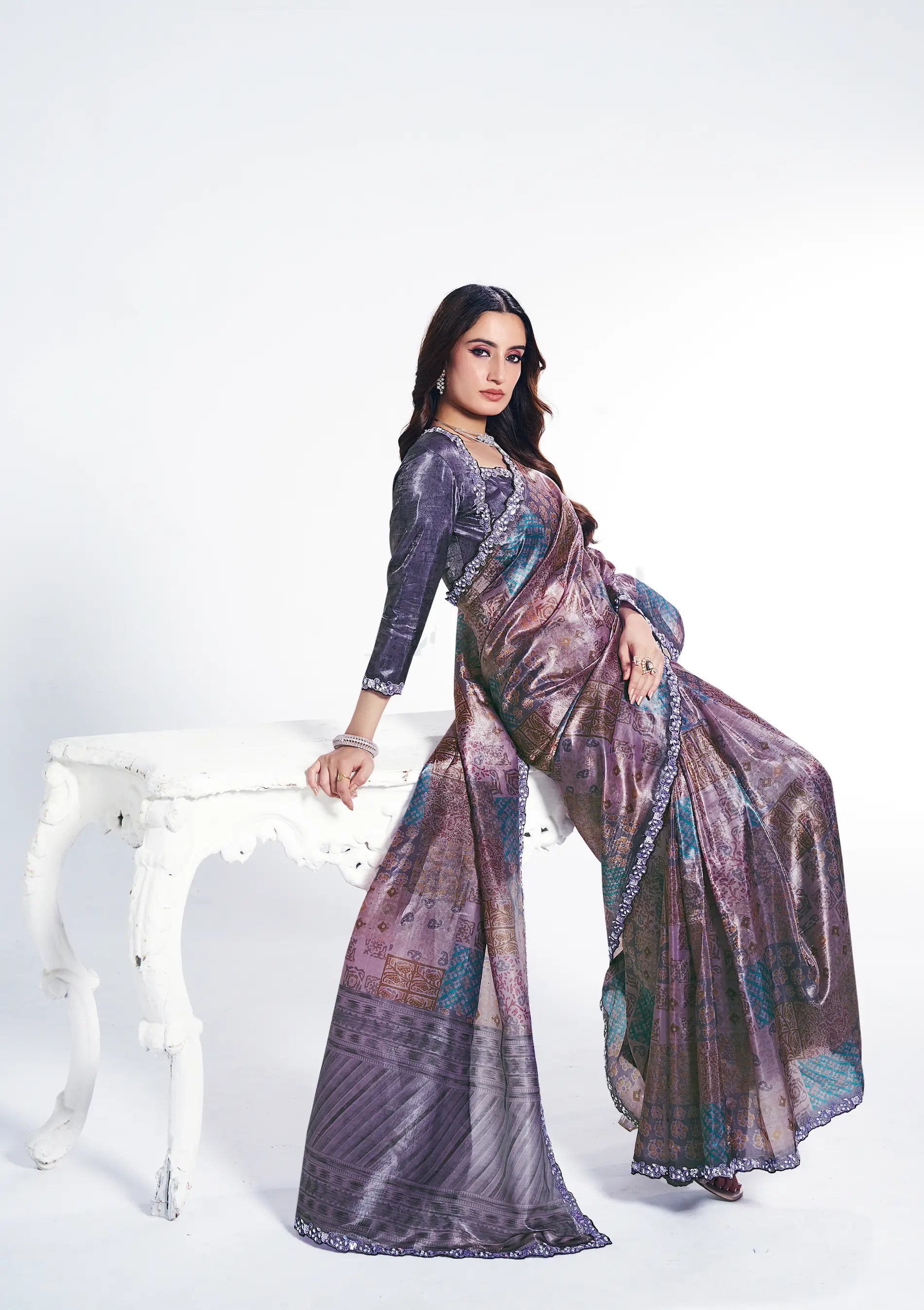 Dark Mauve Paper Silk Saree With Print & Stone Handwork - qivii