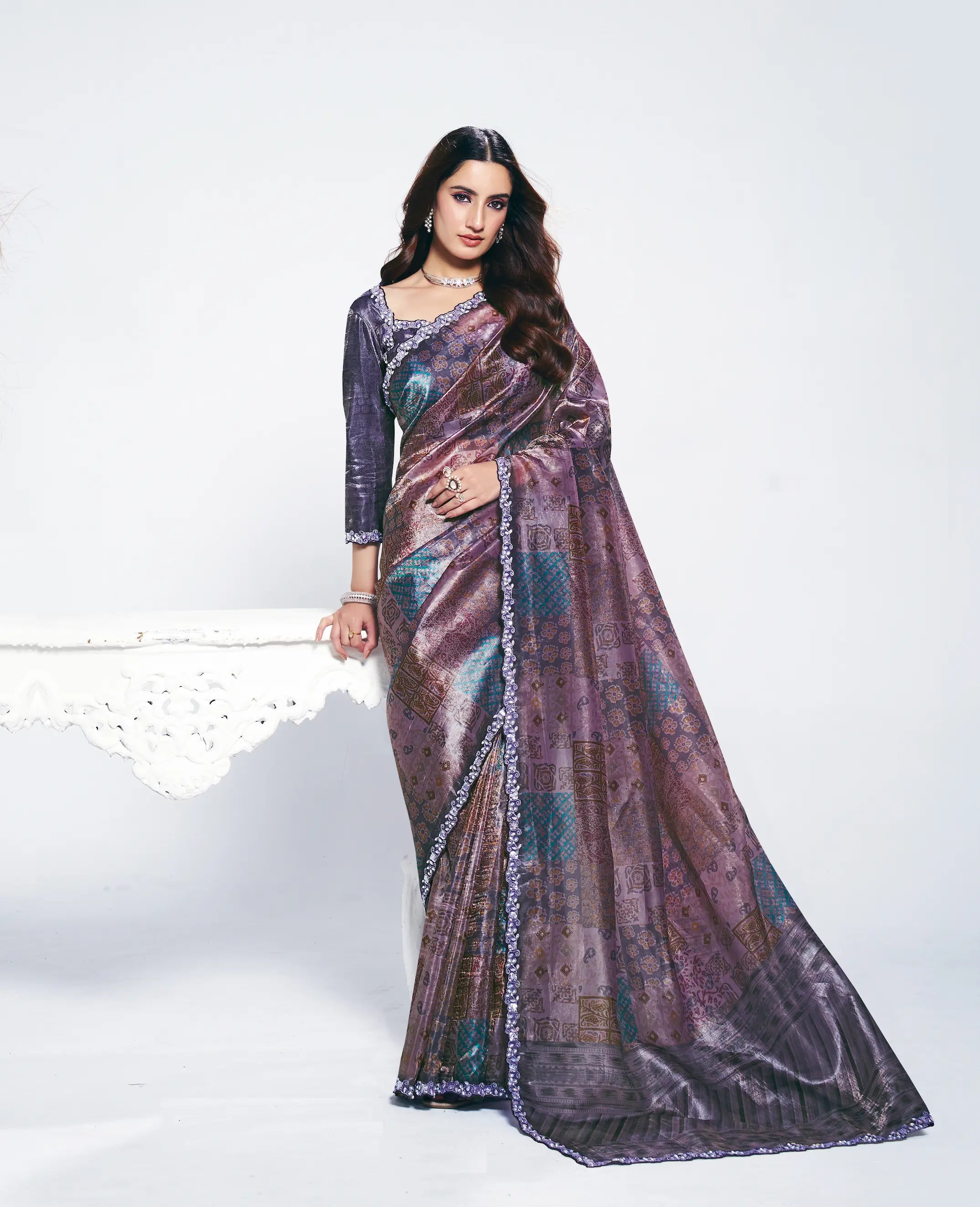 Dark Mauve Paper Silk Saree With Print & Stone Handwork - qivii