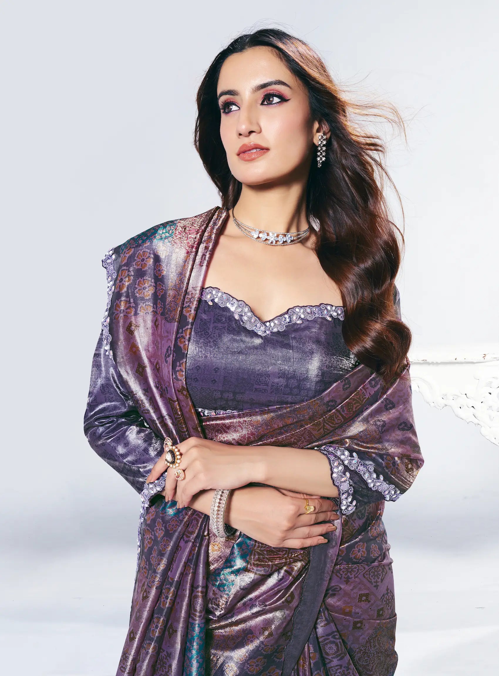 Dark Mauve Paper Silk Saree With Print & Stone Handwork - qivii