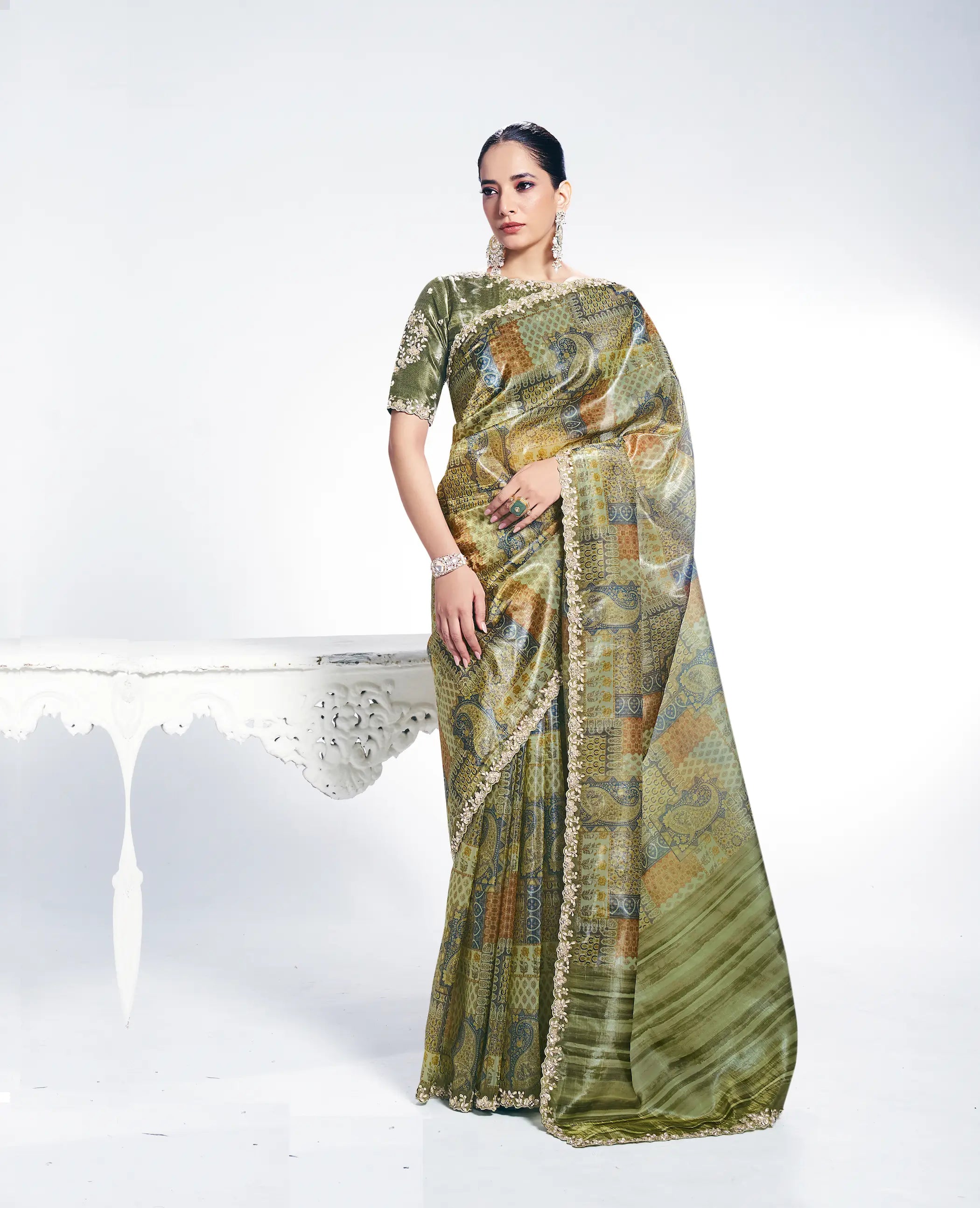 Olive Green Paper Silk Saree With Print & Stone Handwork - qivii