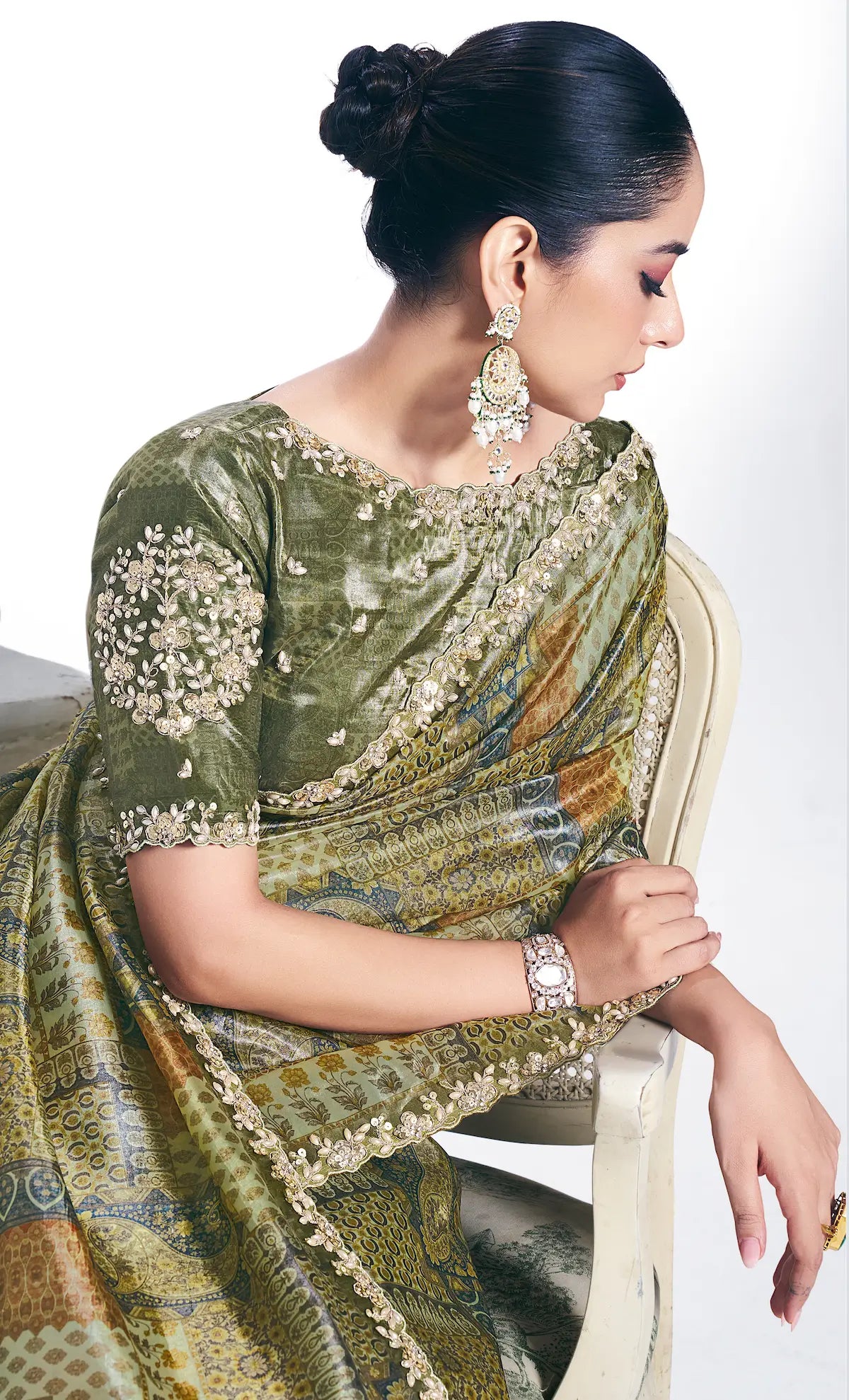 Olive Green Paper Silk Saree With Print & Stone Handwork - qivii