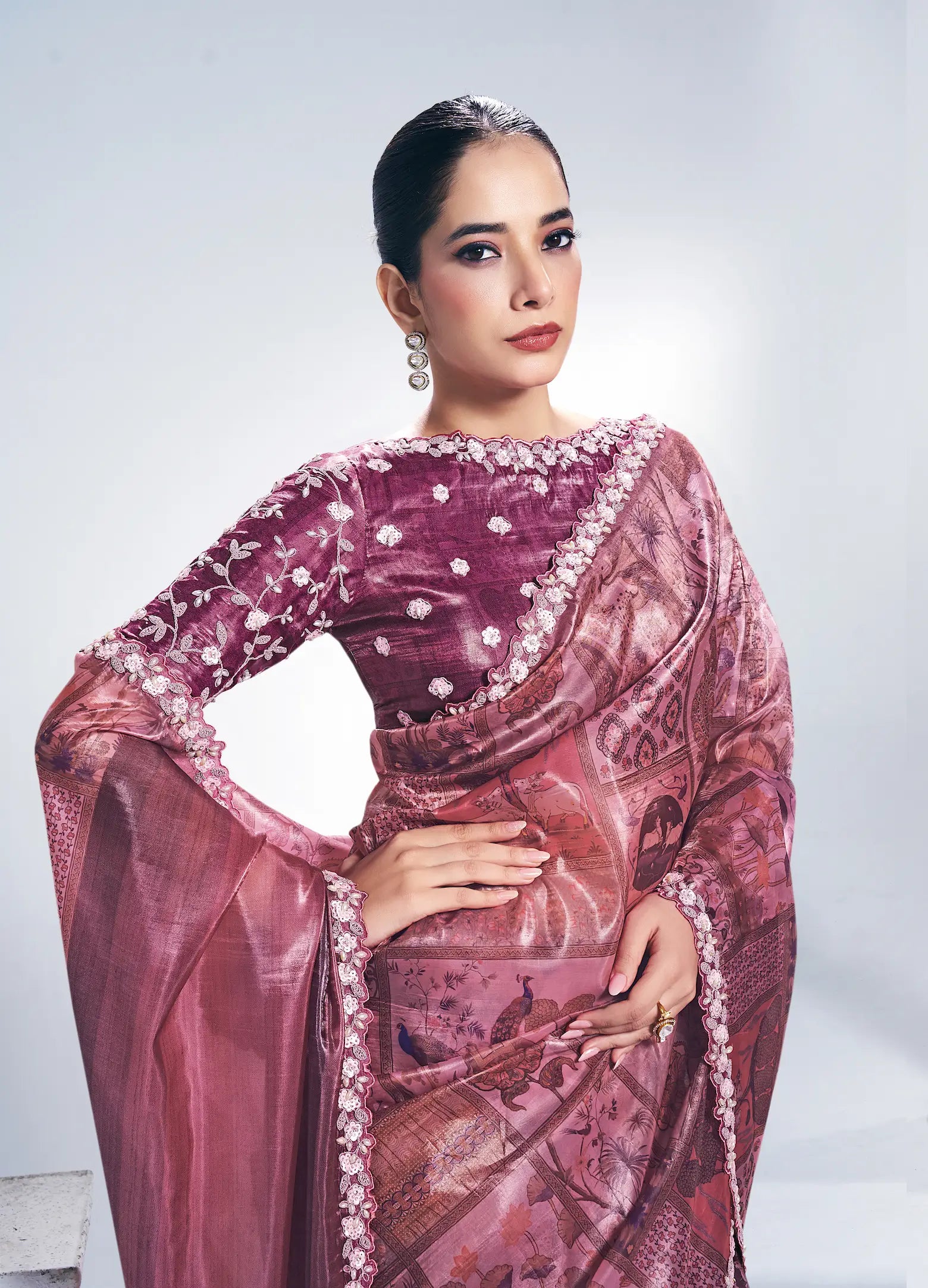 Brownish Pink Paper Silk Saree With Print & Stone Handwork - qivii