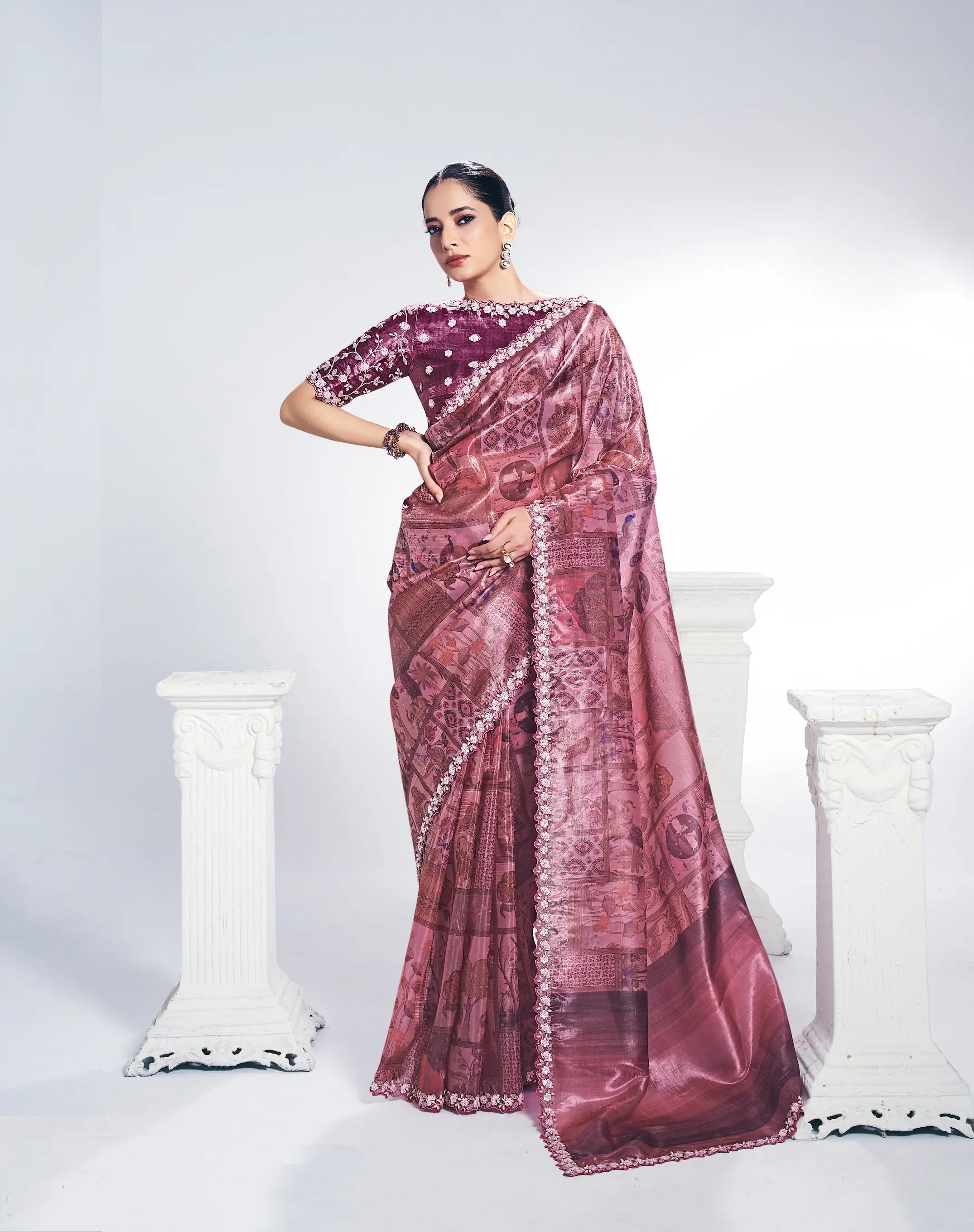 Brownish Pink Paper Silk Saree With Print & Stone Handwork - qivii