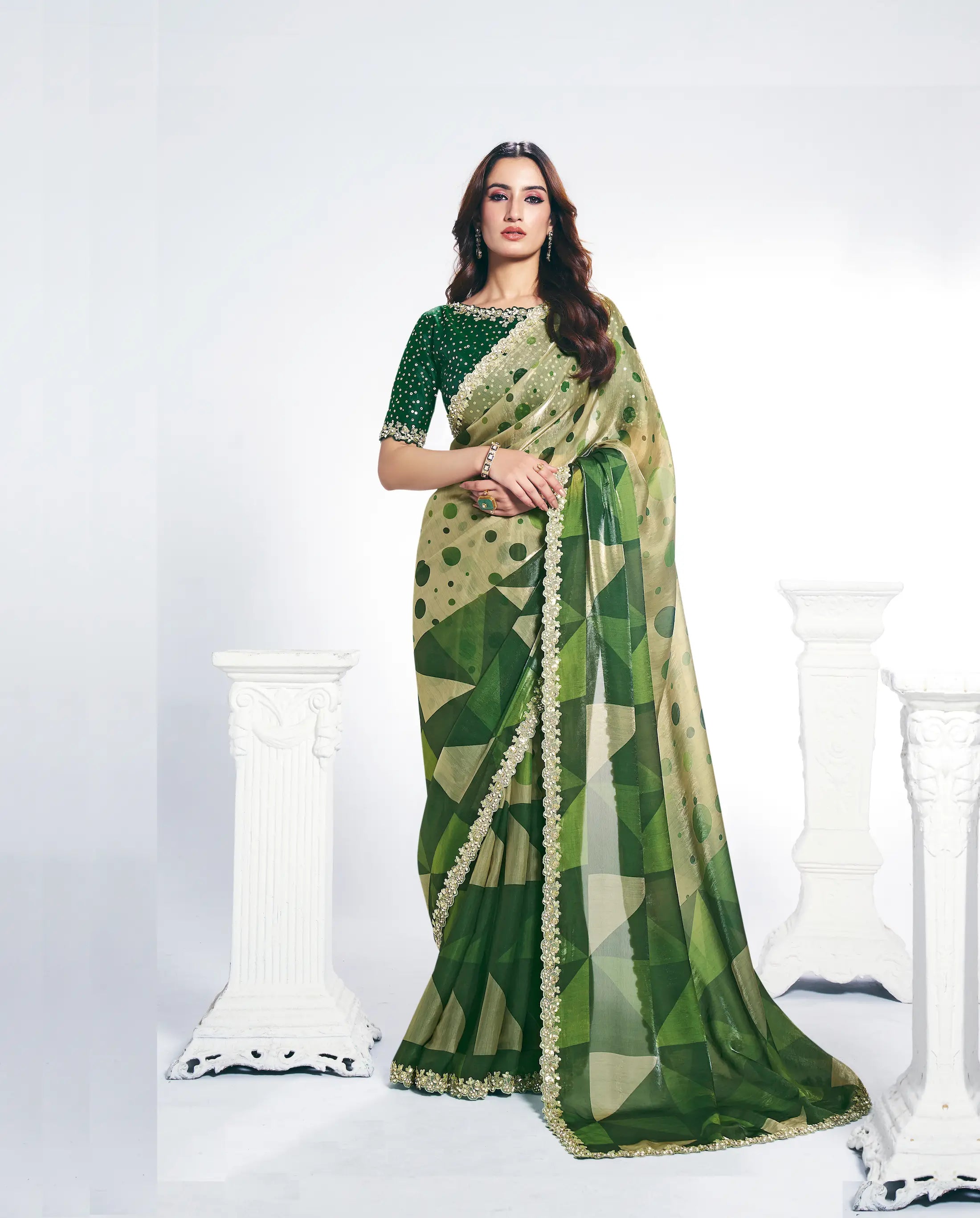 Green Satin Silk Saree With Print & Stone Handwork - qivii