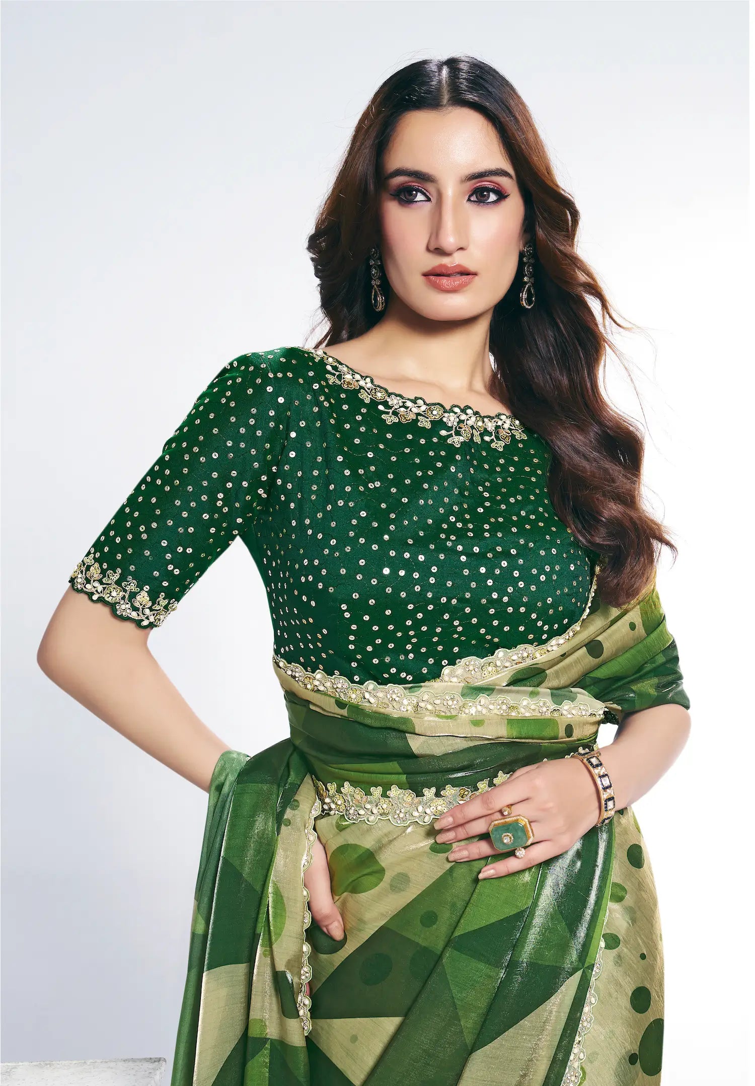 Green Satin Silk Saree With Print & Stone Handwork - qivii