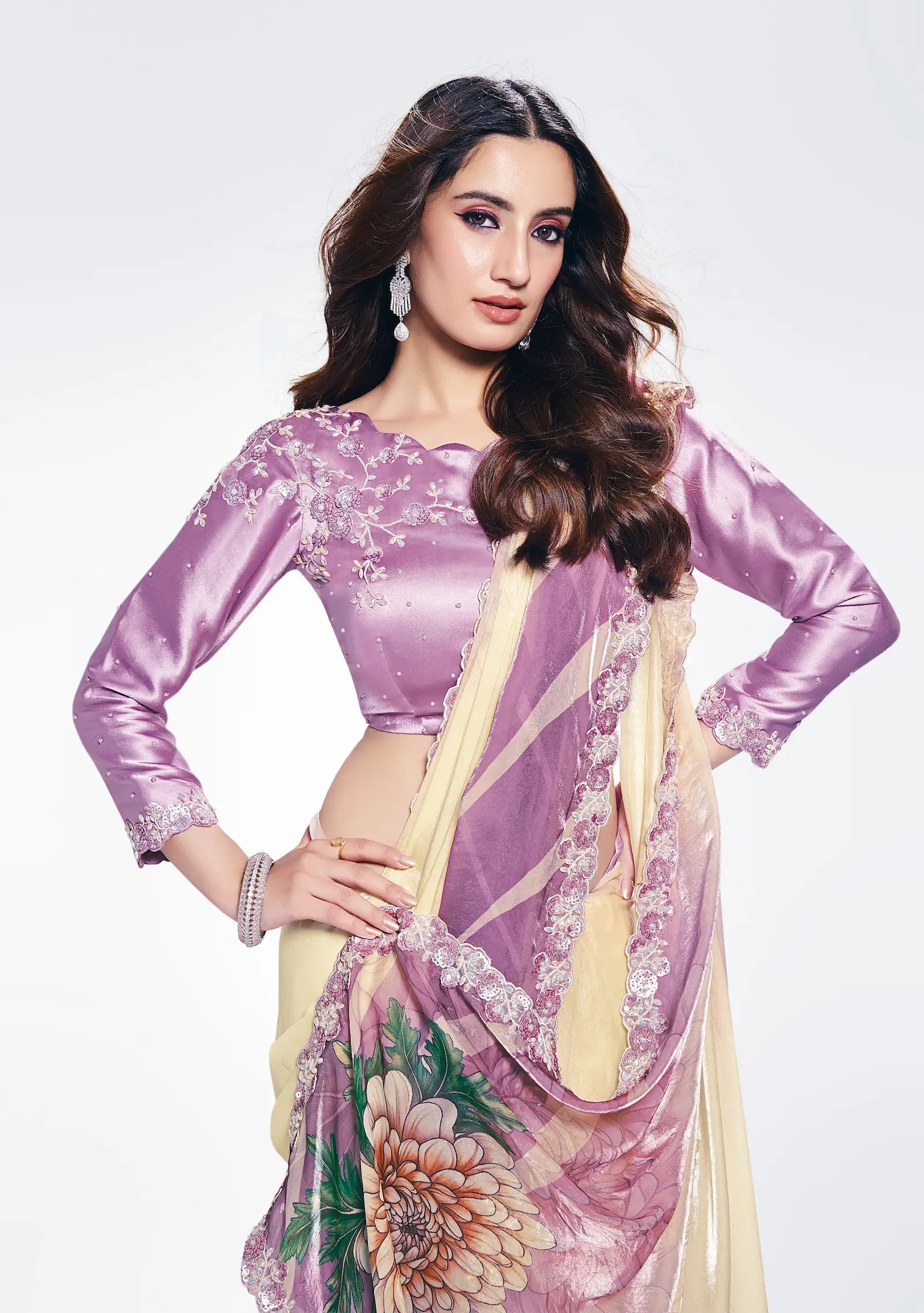 Lavender Satin Silk Saree With Print & Stone Handwork - qivii