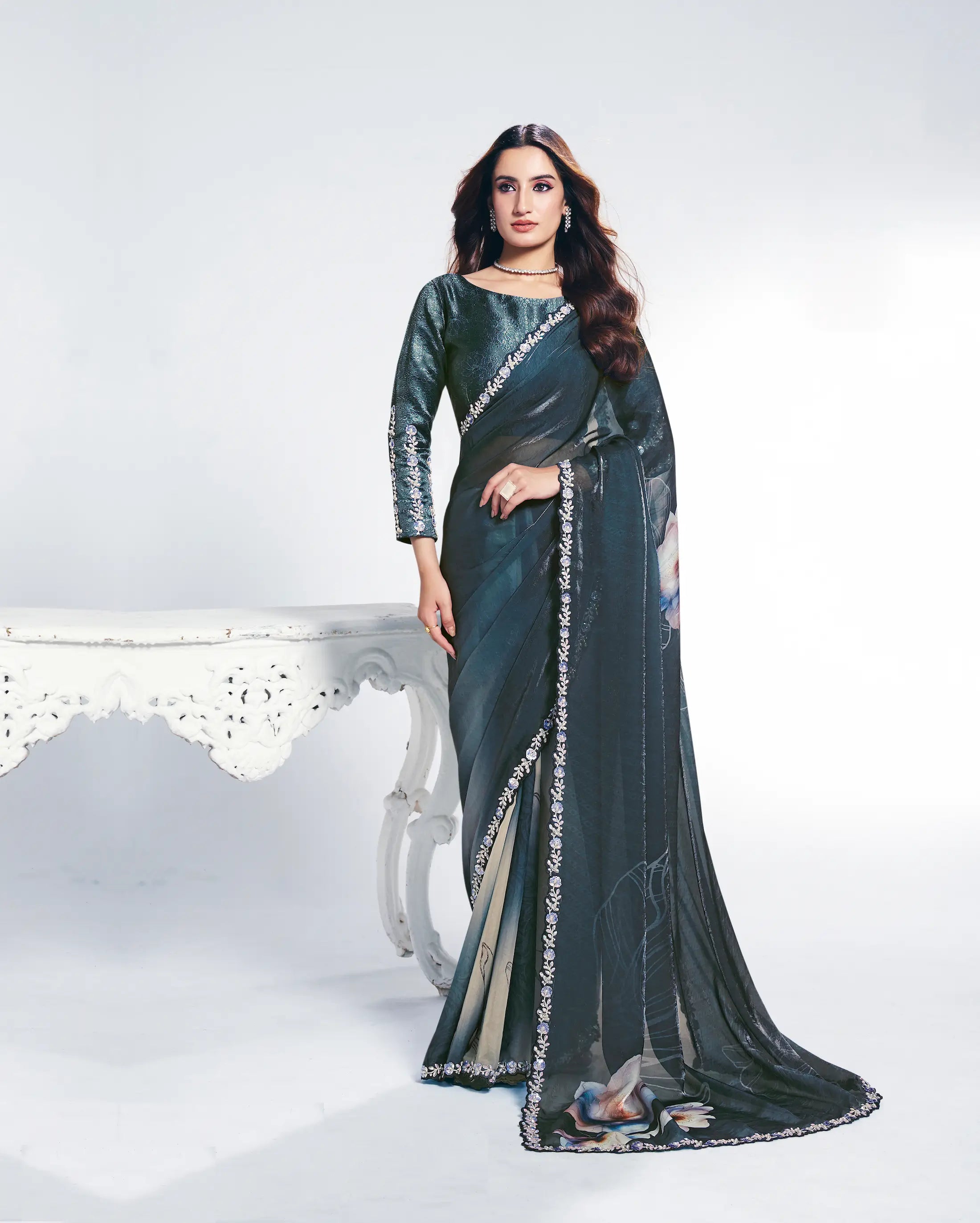 Greyish Teal Satin Silk Saree With Print & Stone Handwork - qivii