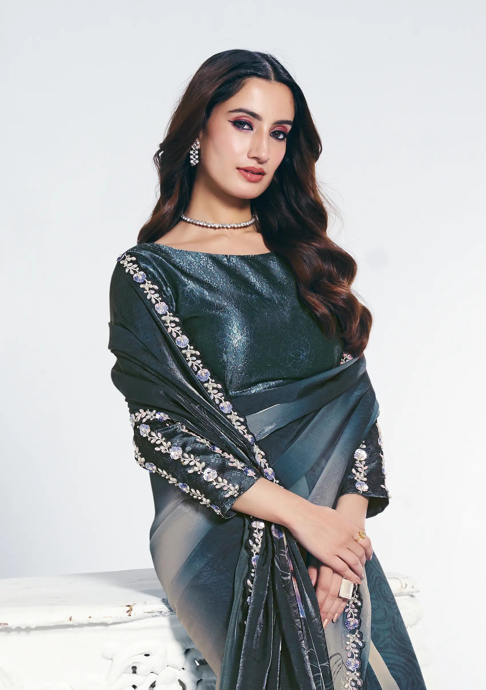 Greyish Teal Satin Silk Saree With Print & Stone Handwork - qivii