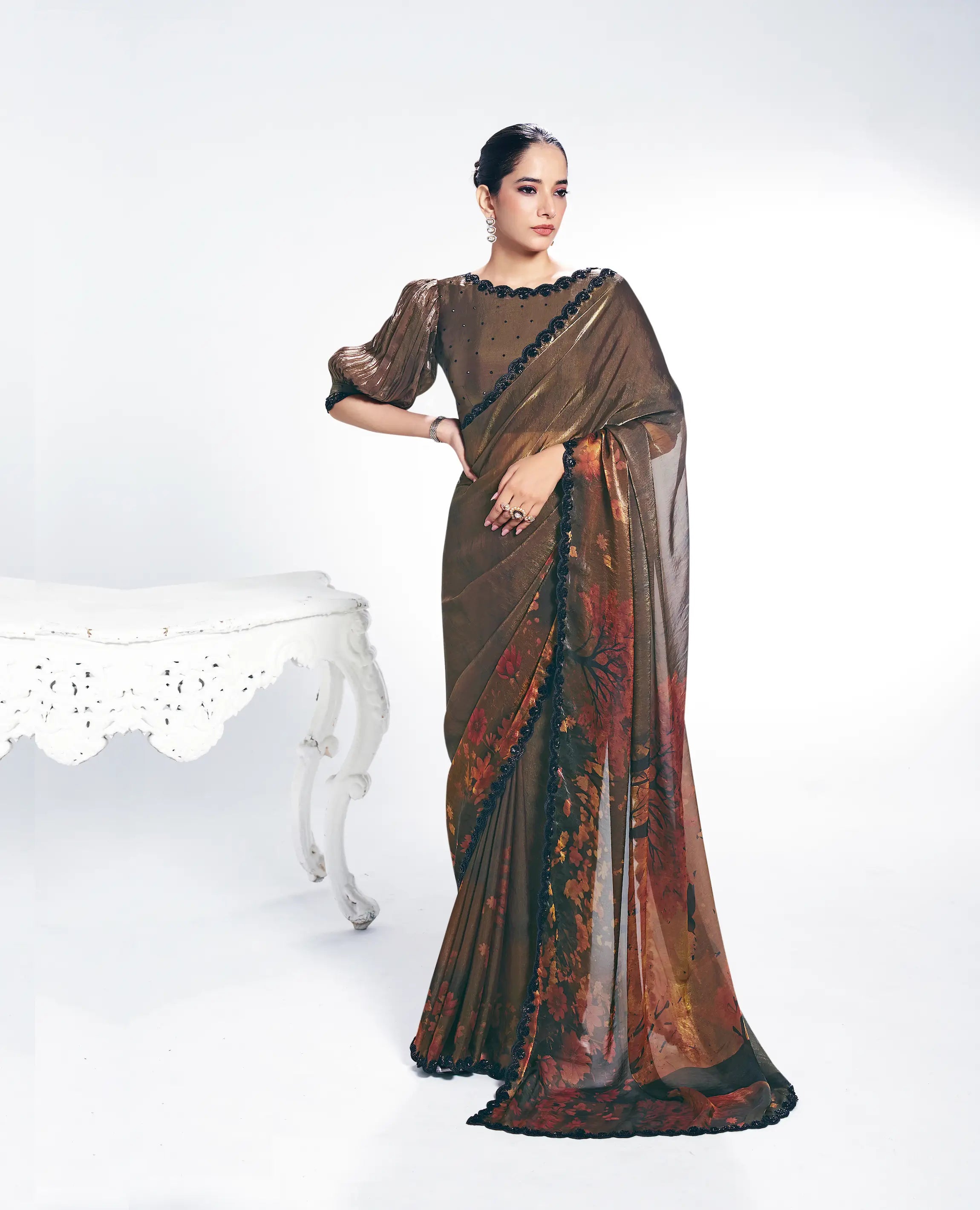 Tobacco Brown Satin Silk Saree With Print & Beads Embroidery - qivii