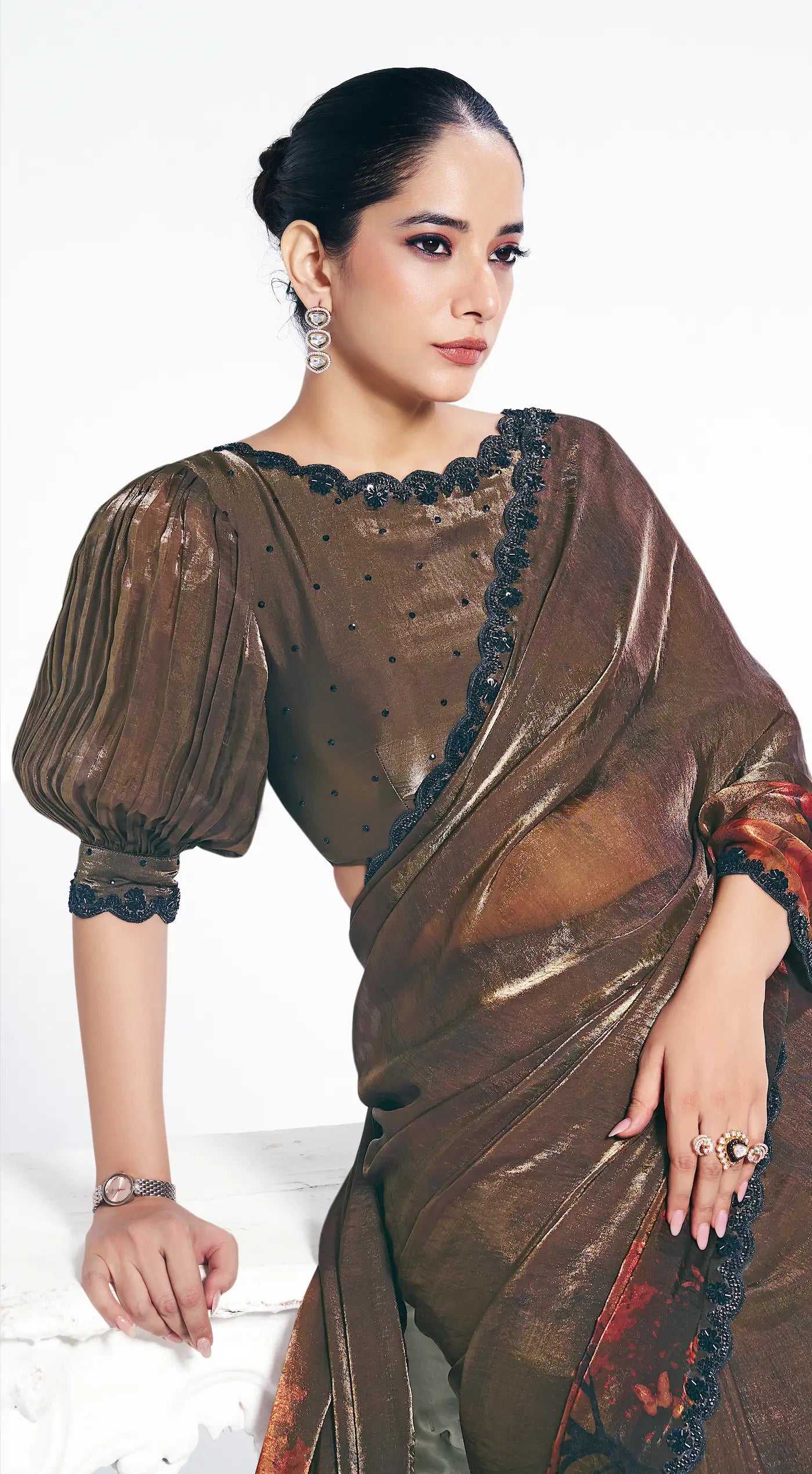 Tobacco Brown Satin Silk Saree With Print & Beads Embroidery - qivii