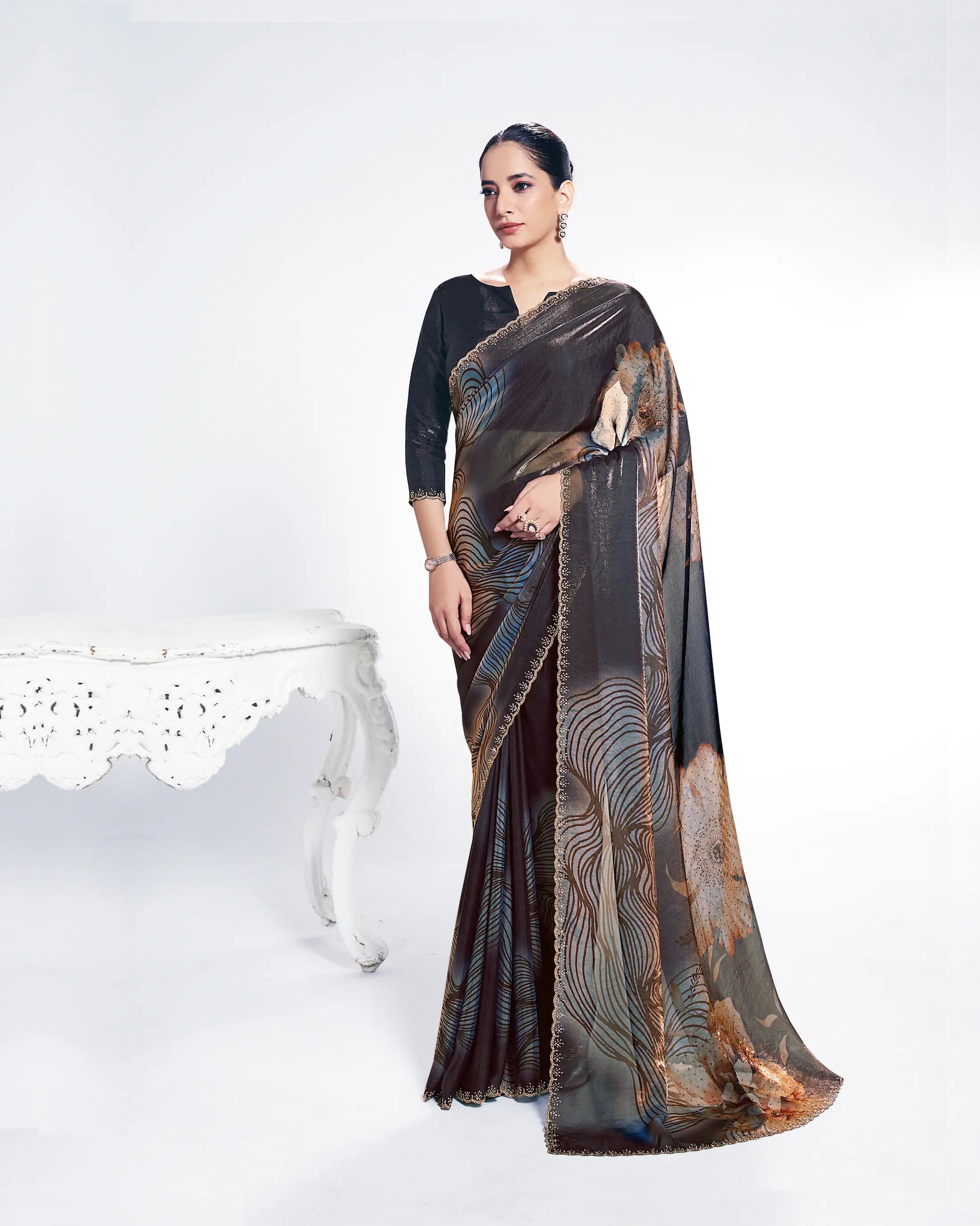 Black Satin Silk Saree With Print & Serocky Stone Work - qivii