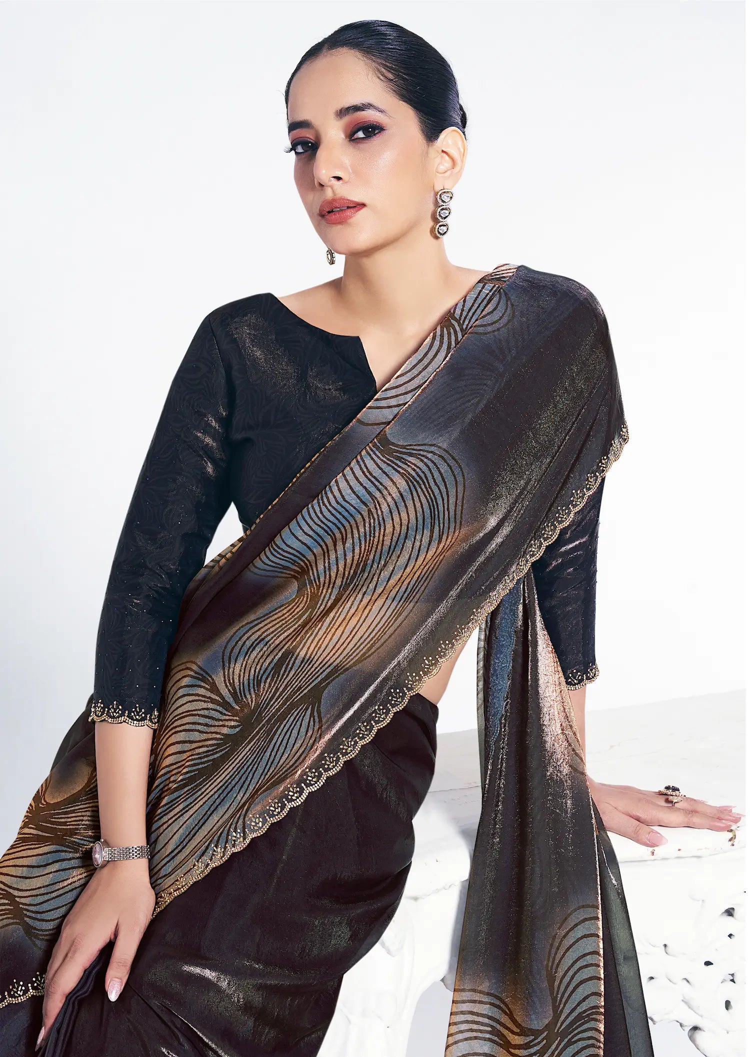 Black Satin Silk Saree With Print & Serocky Stone Work - qivii