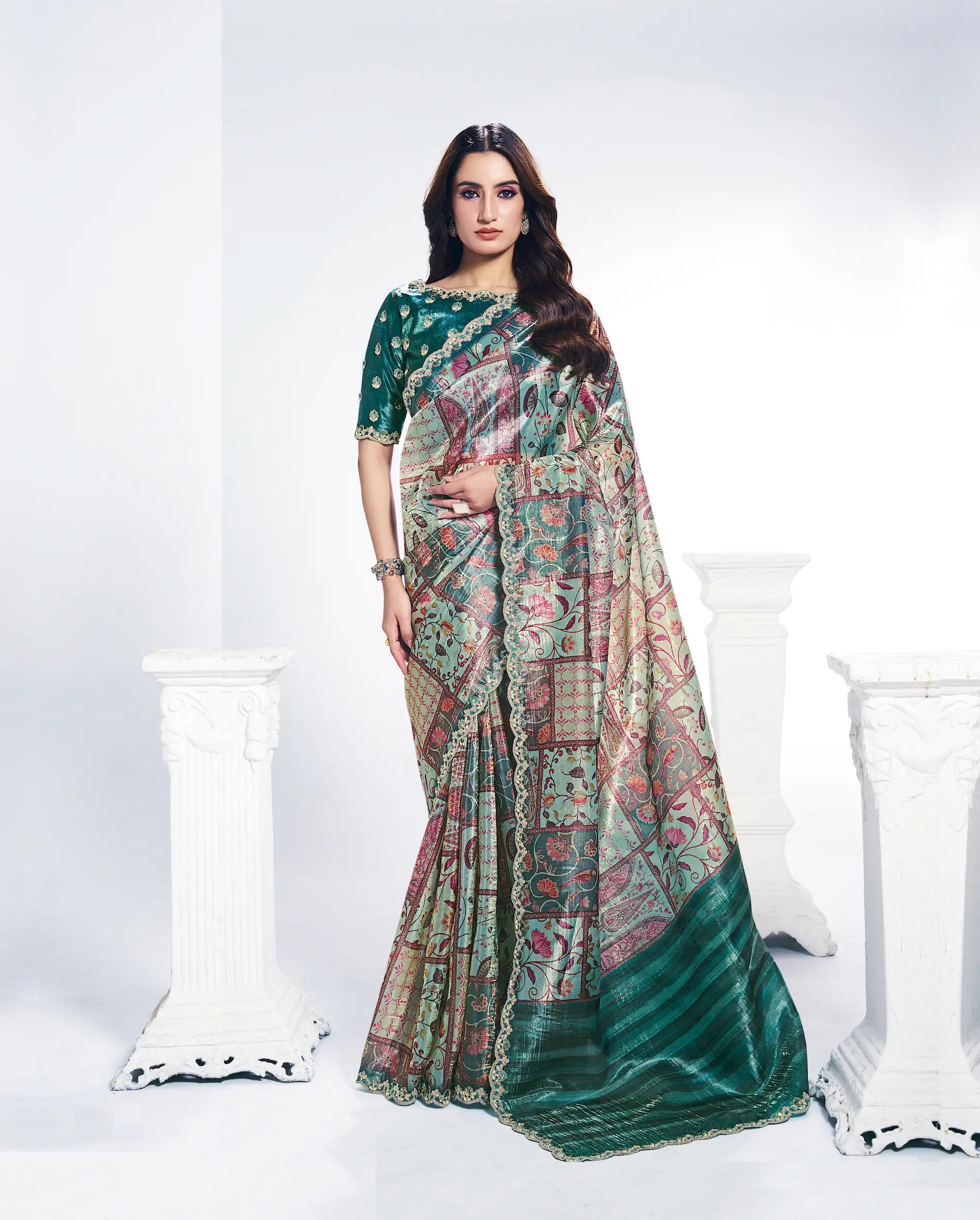 Green Paper Silk Saree With Print & Stone Handwork - qivii
