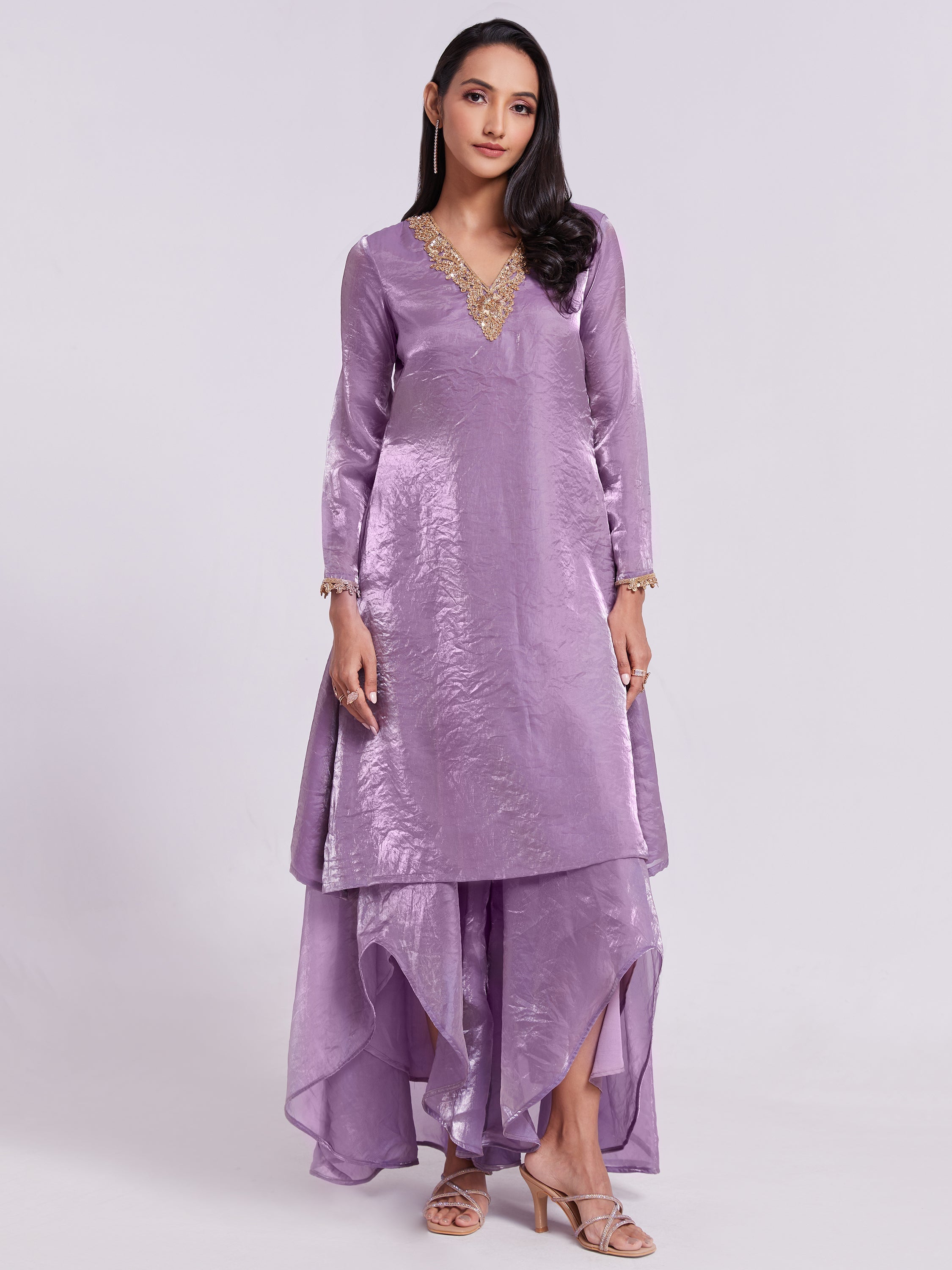Lilac organza designer kurta with lace borderwork and palazzo set
