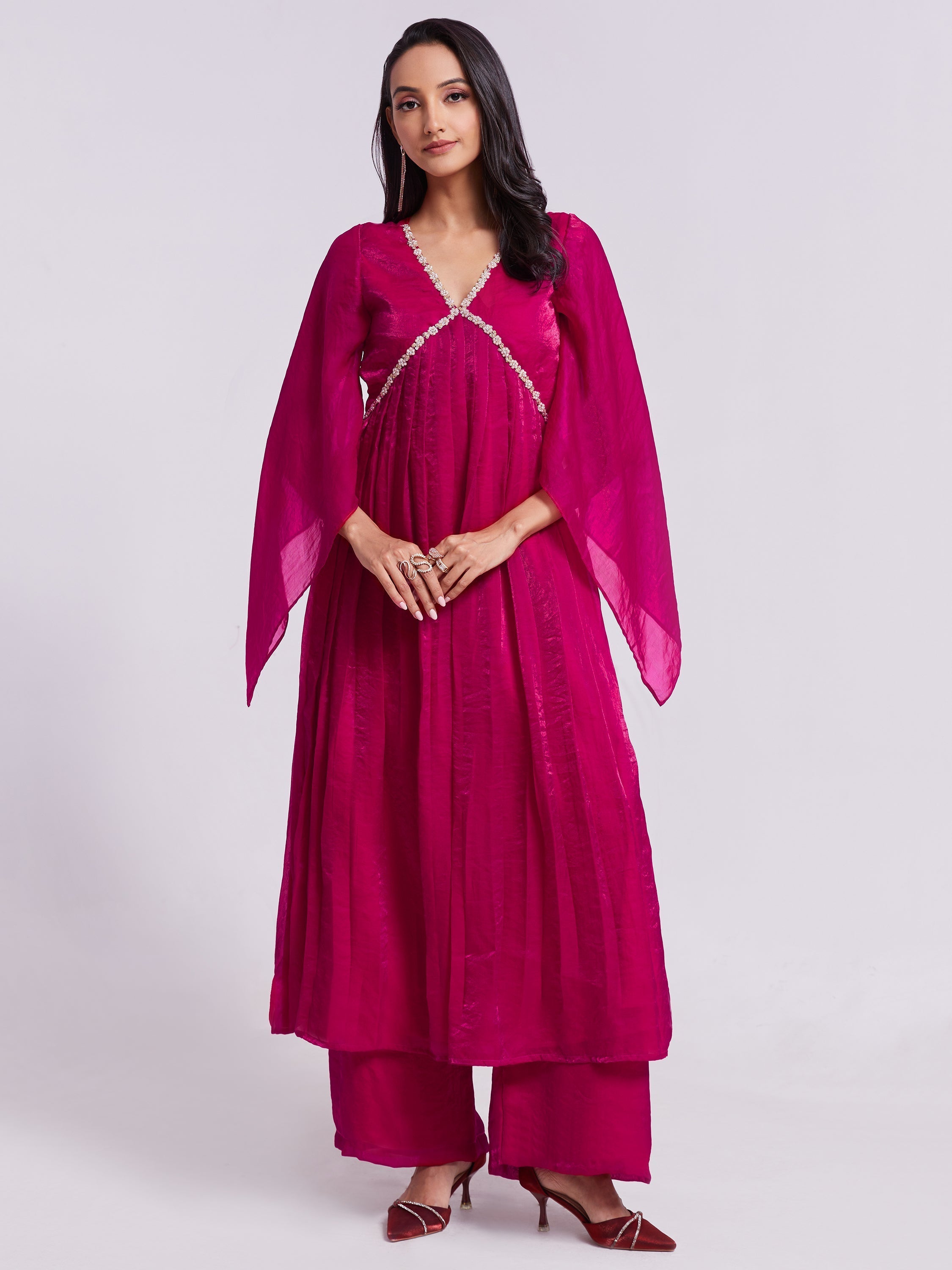 Beautiful pink lace work organza party wear kurta with matching palazzo
