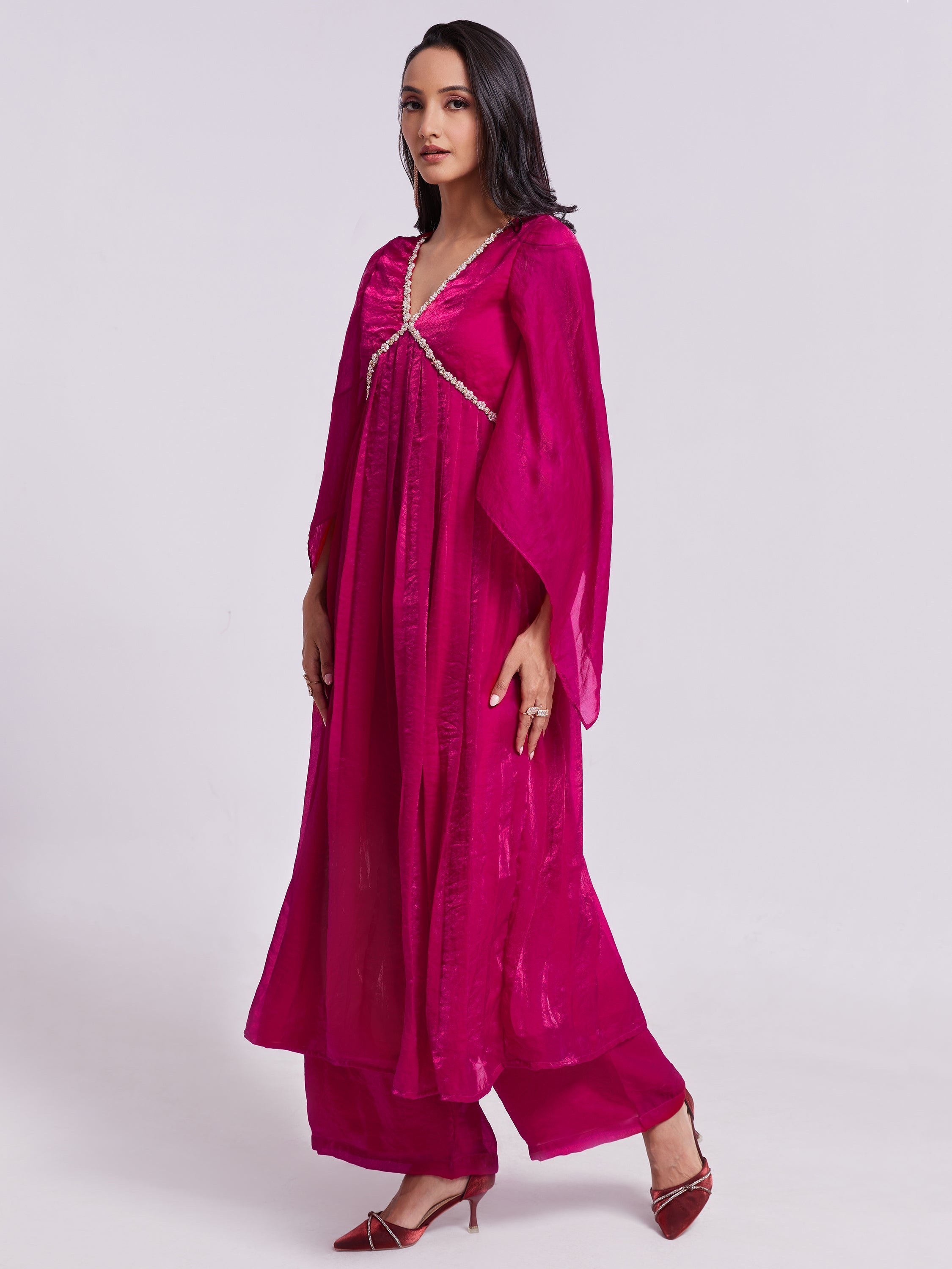 Fantastic Pink Lace Work Organza Party Wear Kurta With Palazzo for Women