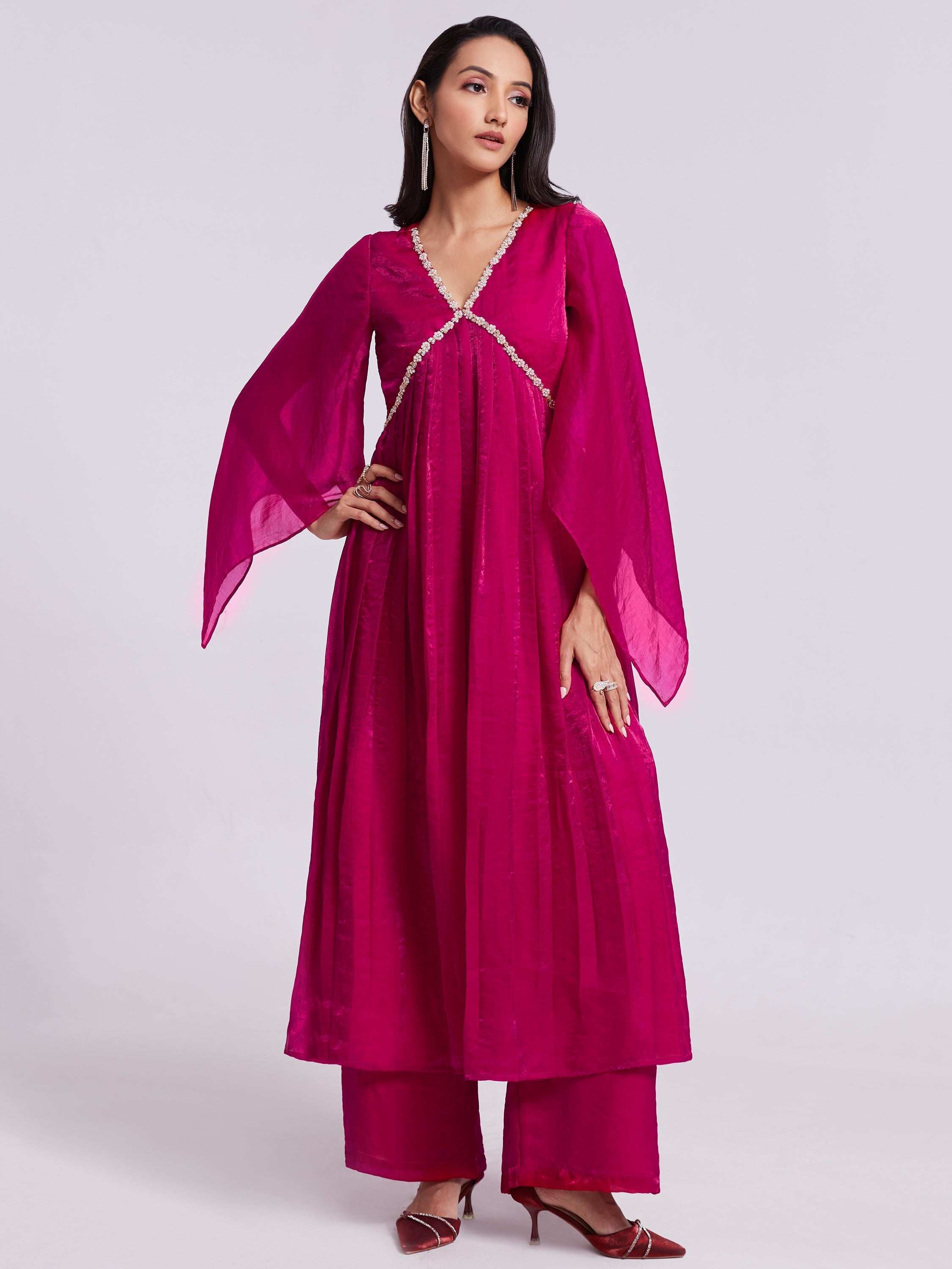 Fantastic Pink Lace Work Organza Party Wear Kurta With Palazzo - Stylish and elegant outfit for special occasions
