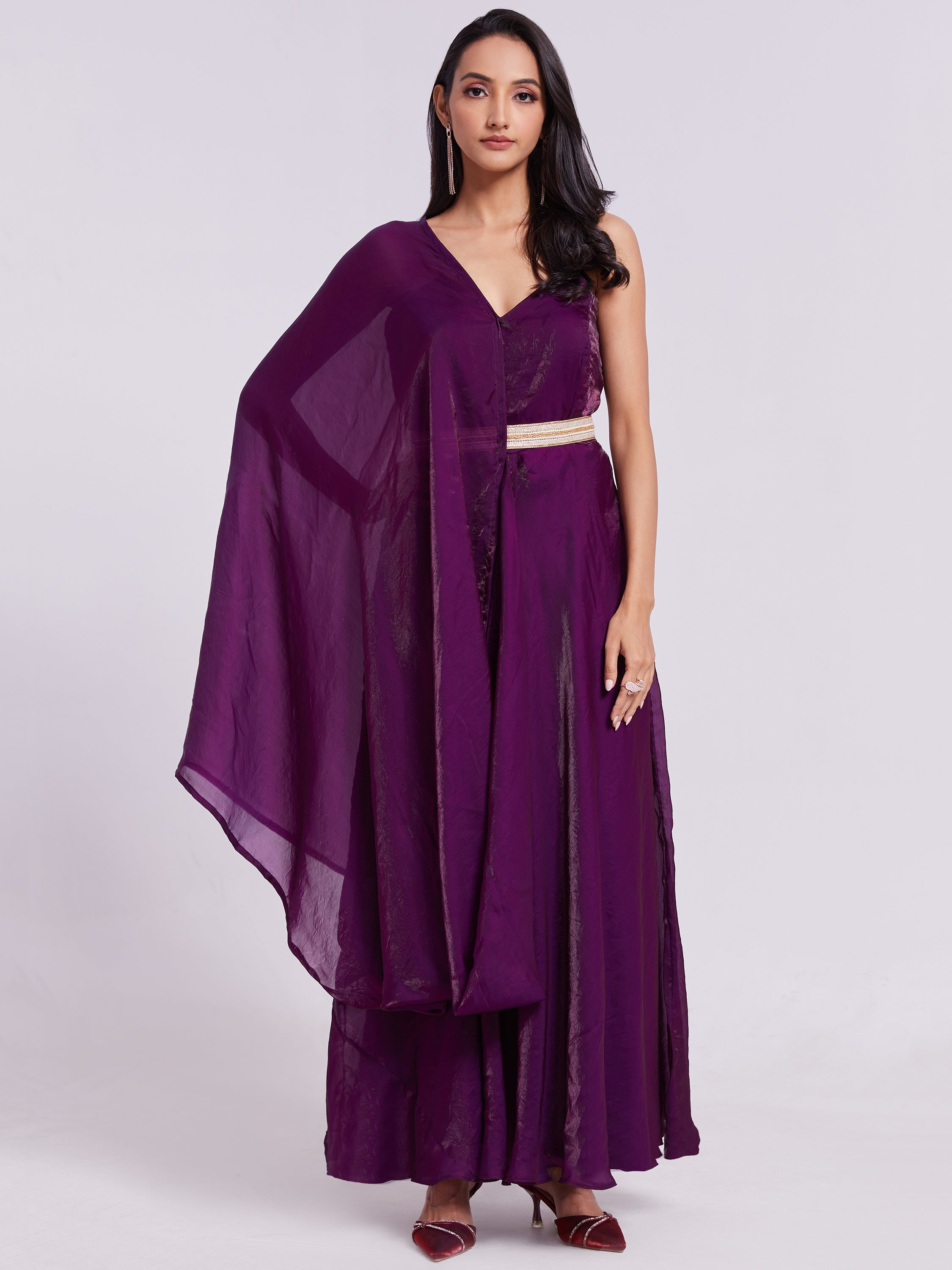 Outstanding wine organza event wear gown with dupatta for elegant occasions