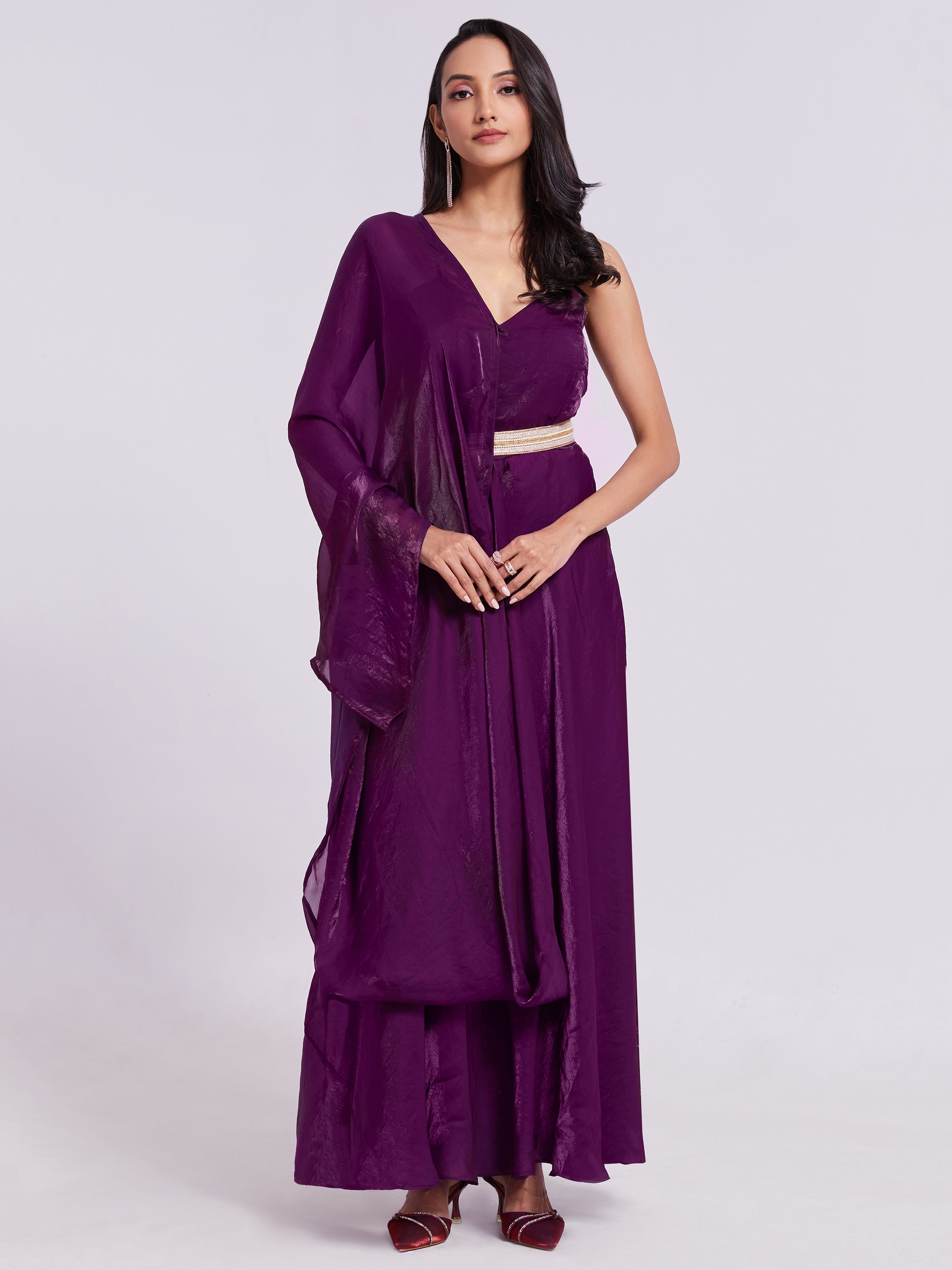 Outstanding wine organza event wear gown with dupatta for formal occasions