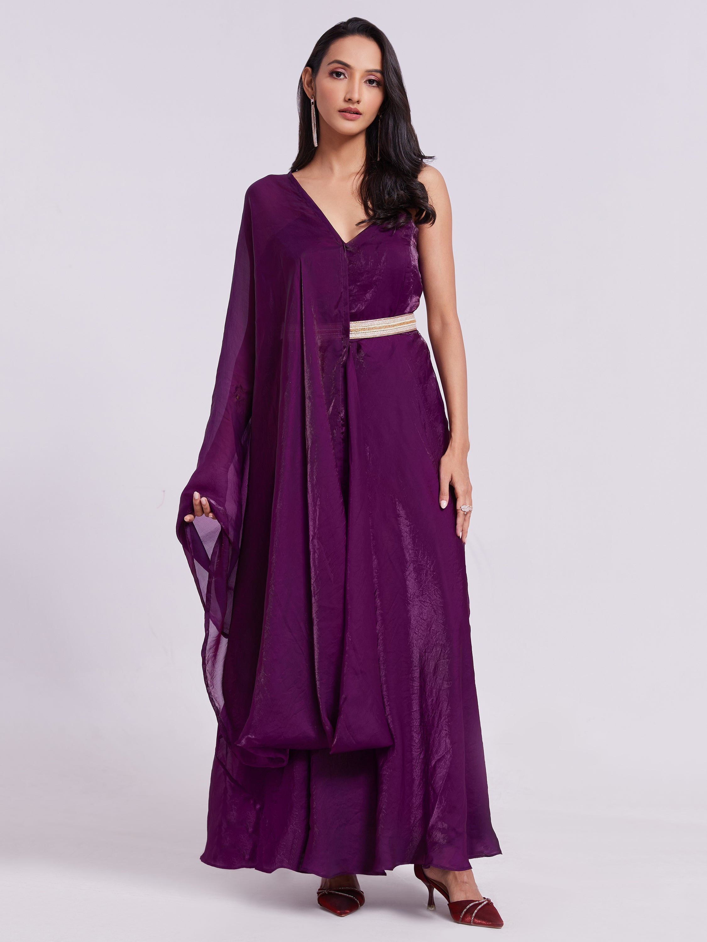 Beautiful wine-colored organza gown with matching dupatta for special events