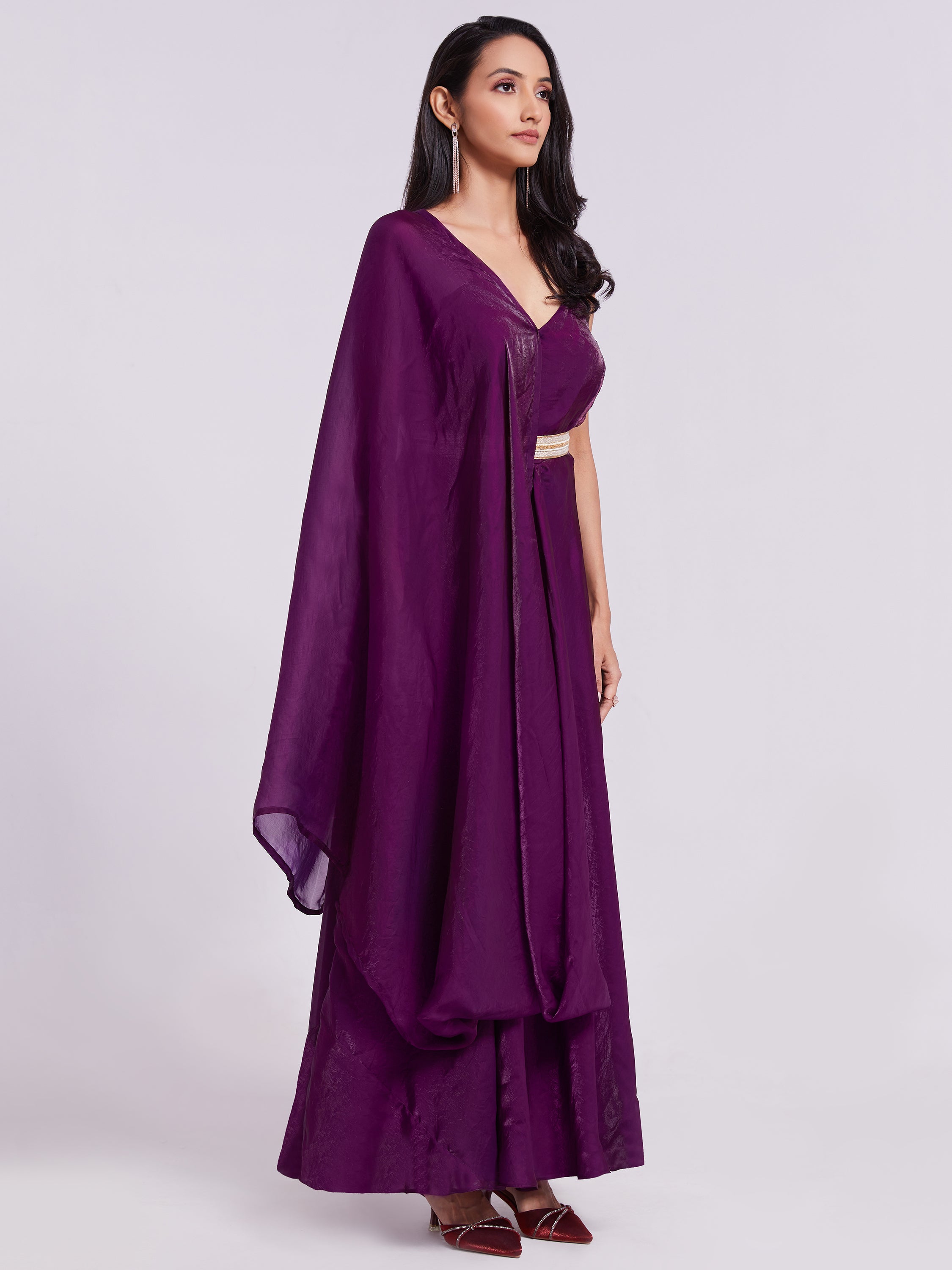 Outstanding Wine Organza Event Wear Gown With Dupatta - Elegant and stylish evening gown in rich wine color with matching dupatta